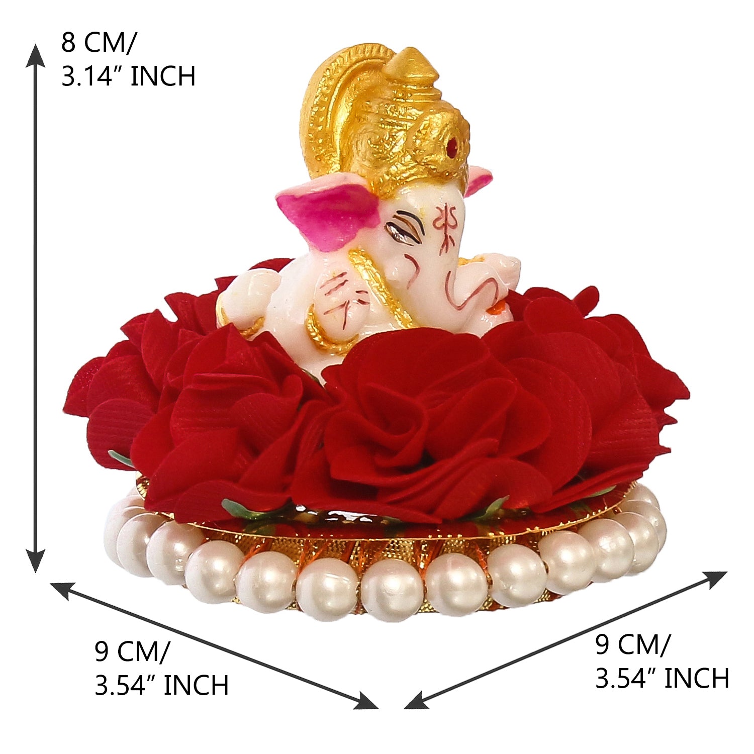 Lord Ganesha Idol on Decorative Handcrafted Plate with Red Flowers 3