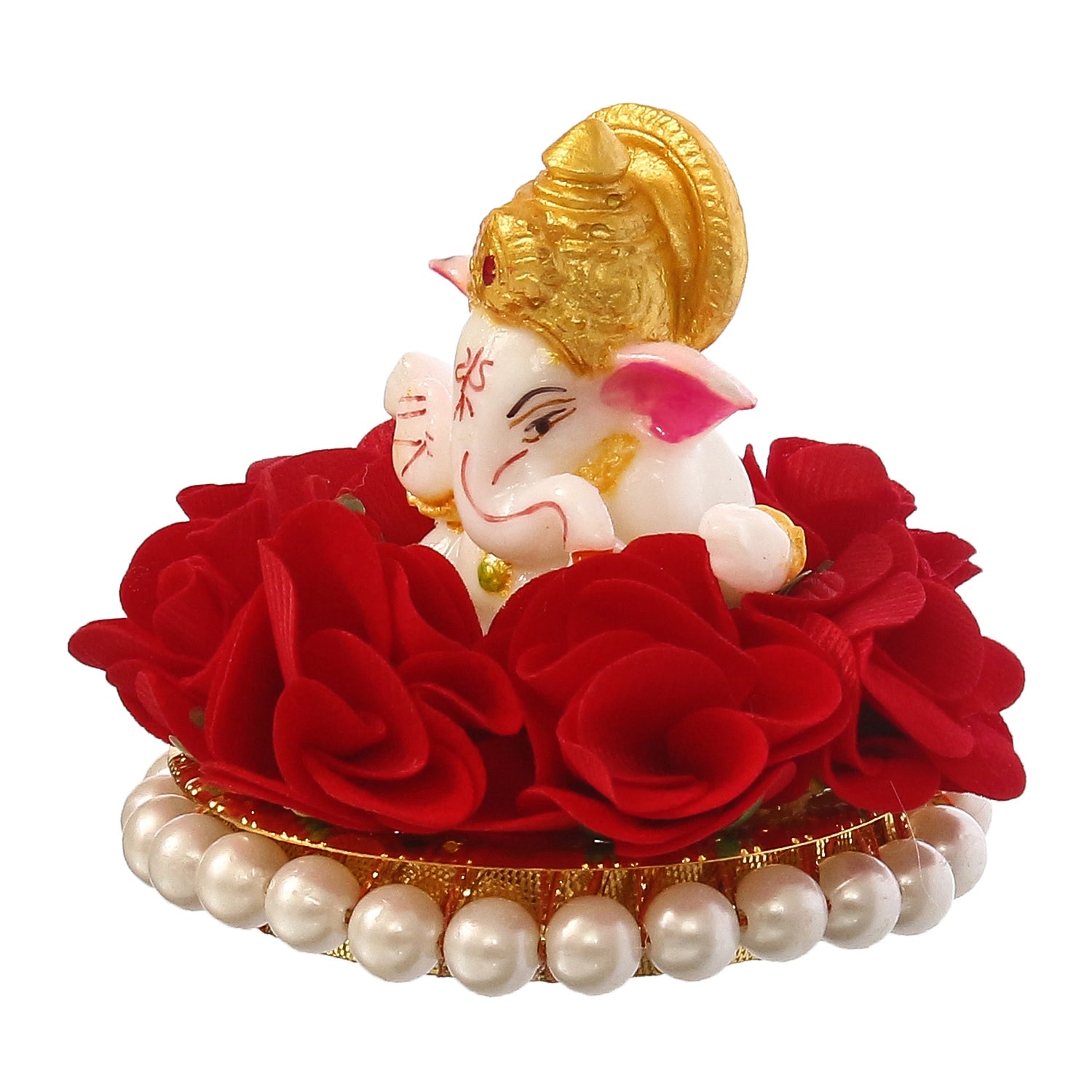 Lord Ganesha Idol on Decorative Handcrafted Plate with Red Flowers 5