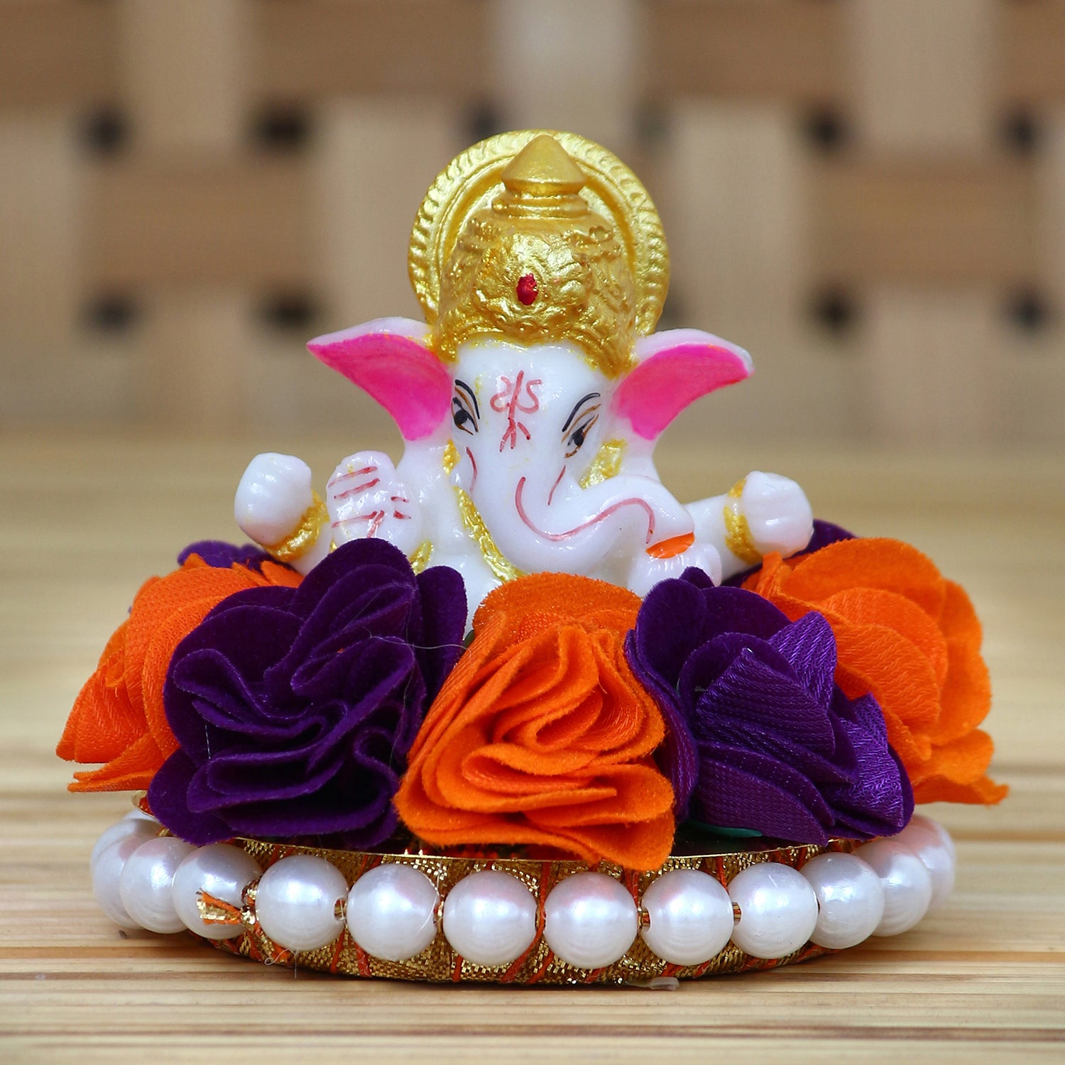 Lord Ganesha Idol On Decorative Handcrafted Orange And Purple Flowers Plate 1