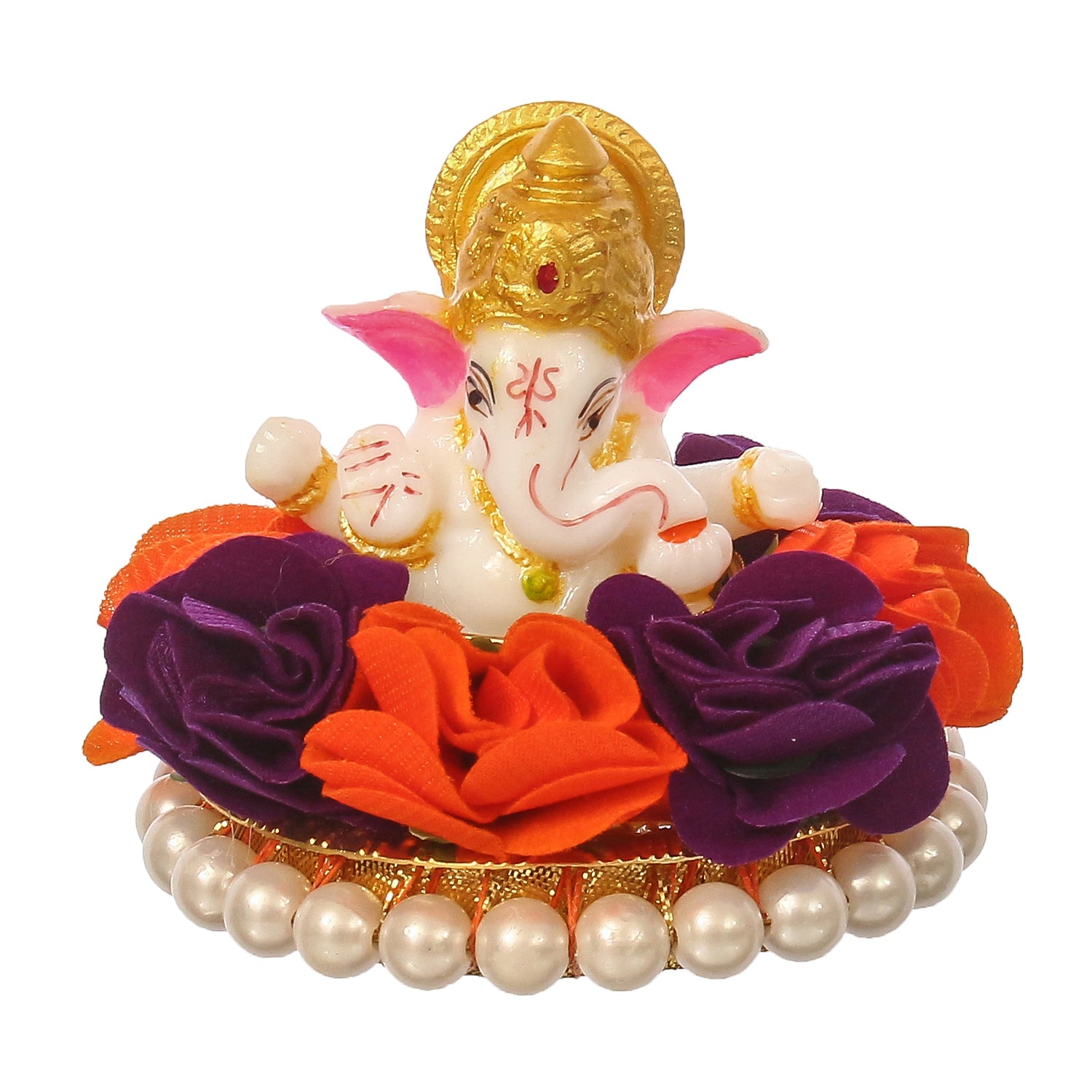 Lord Ganesha Idol On Decorative Handcrafted Orange And Purple Flowers Plate 2