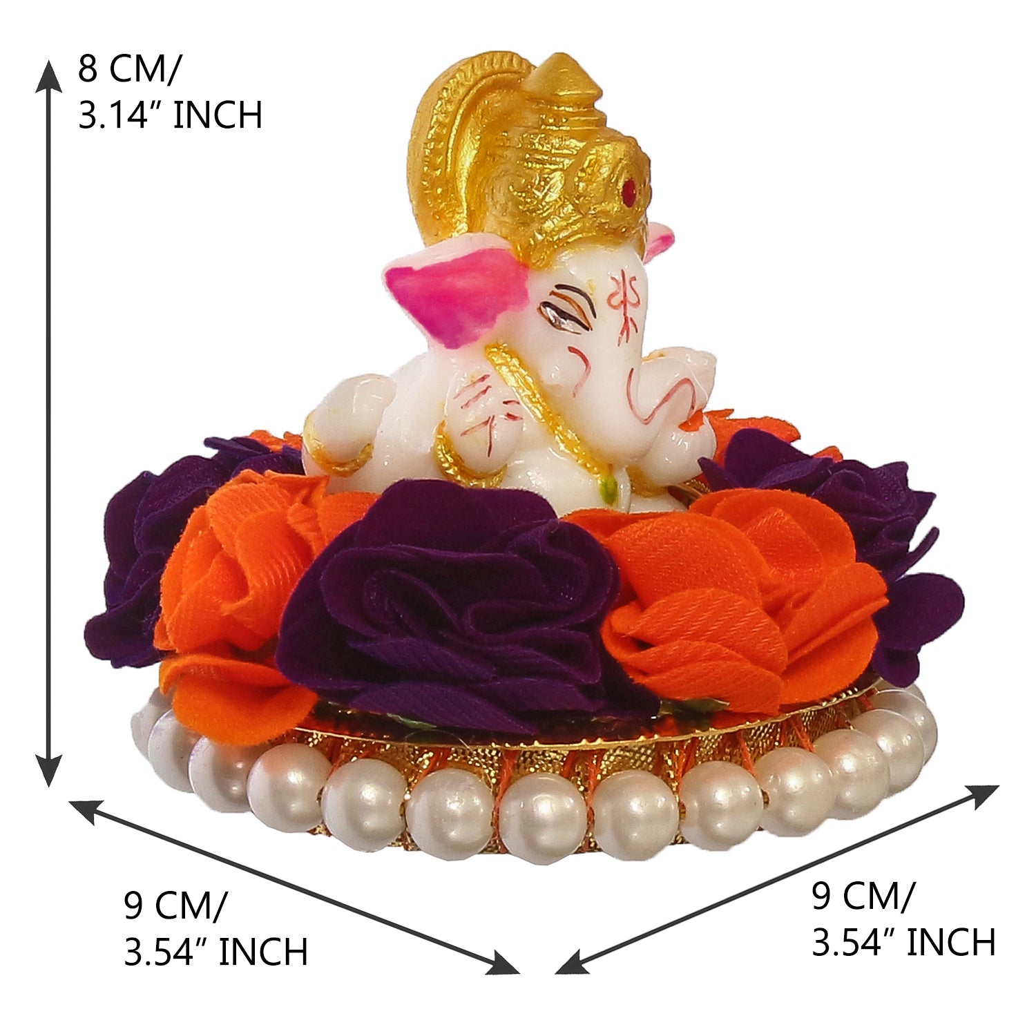 Lord Ganesha Idol On Decorative Handcrafted Orange And Purple Flowers Plate 3