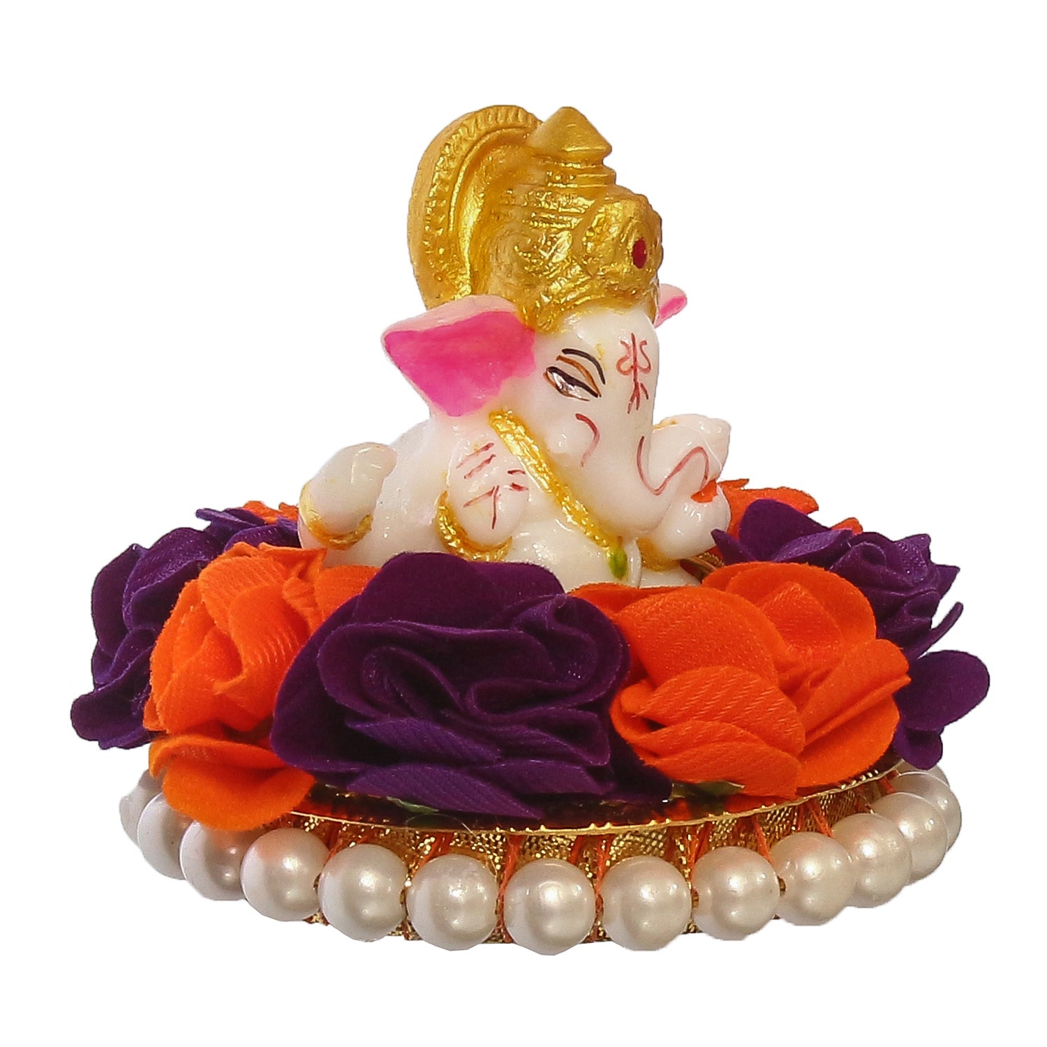 Lord Ganesha Idol On Decorative Handcrafted Orange And Purple Flowers Plate 4