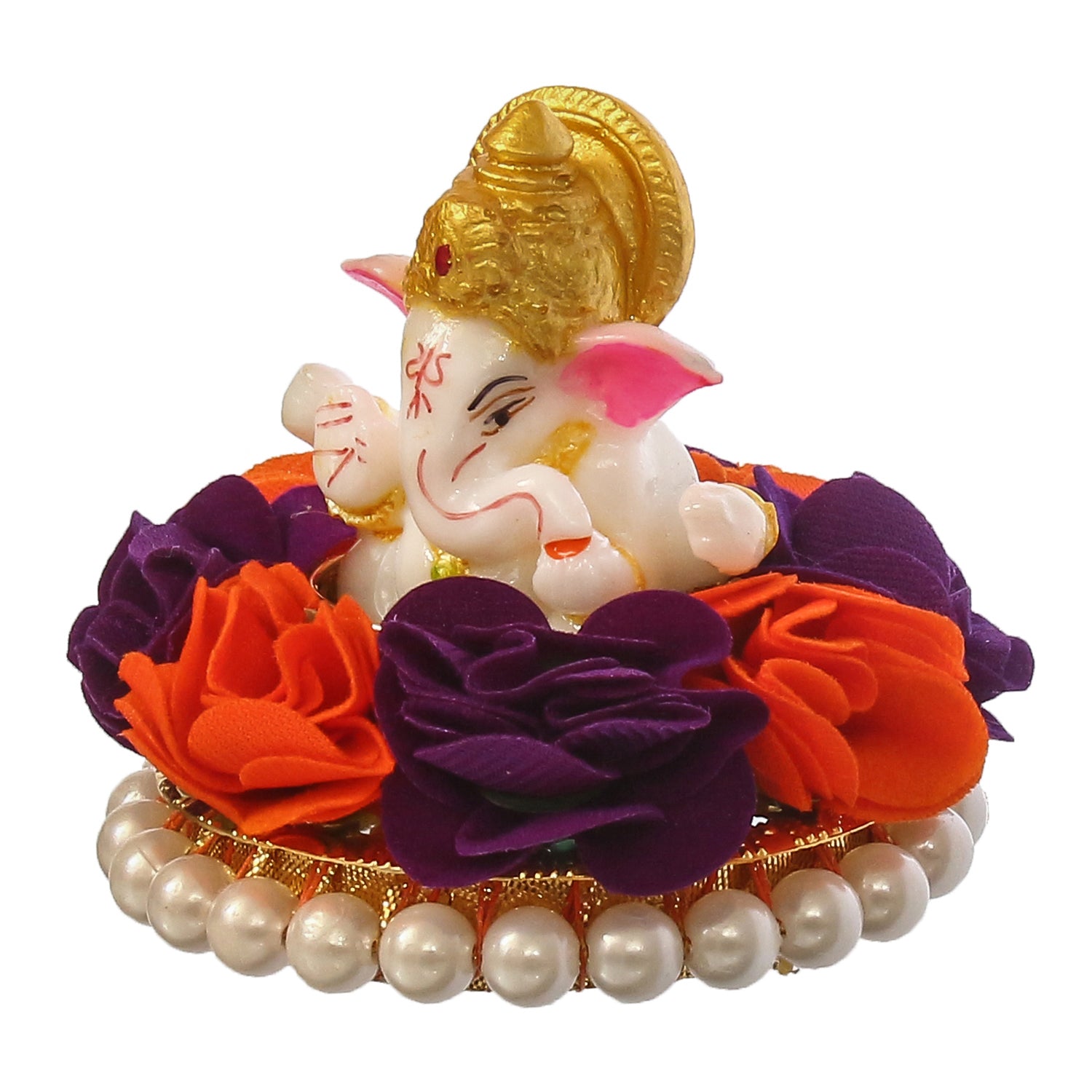 Lord Ganesha Idol On Decorative Handcrafted Orange And Purple Flowers Plate 5