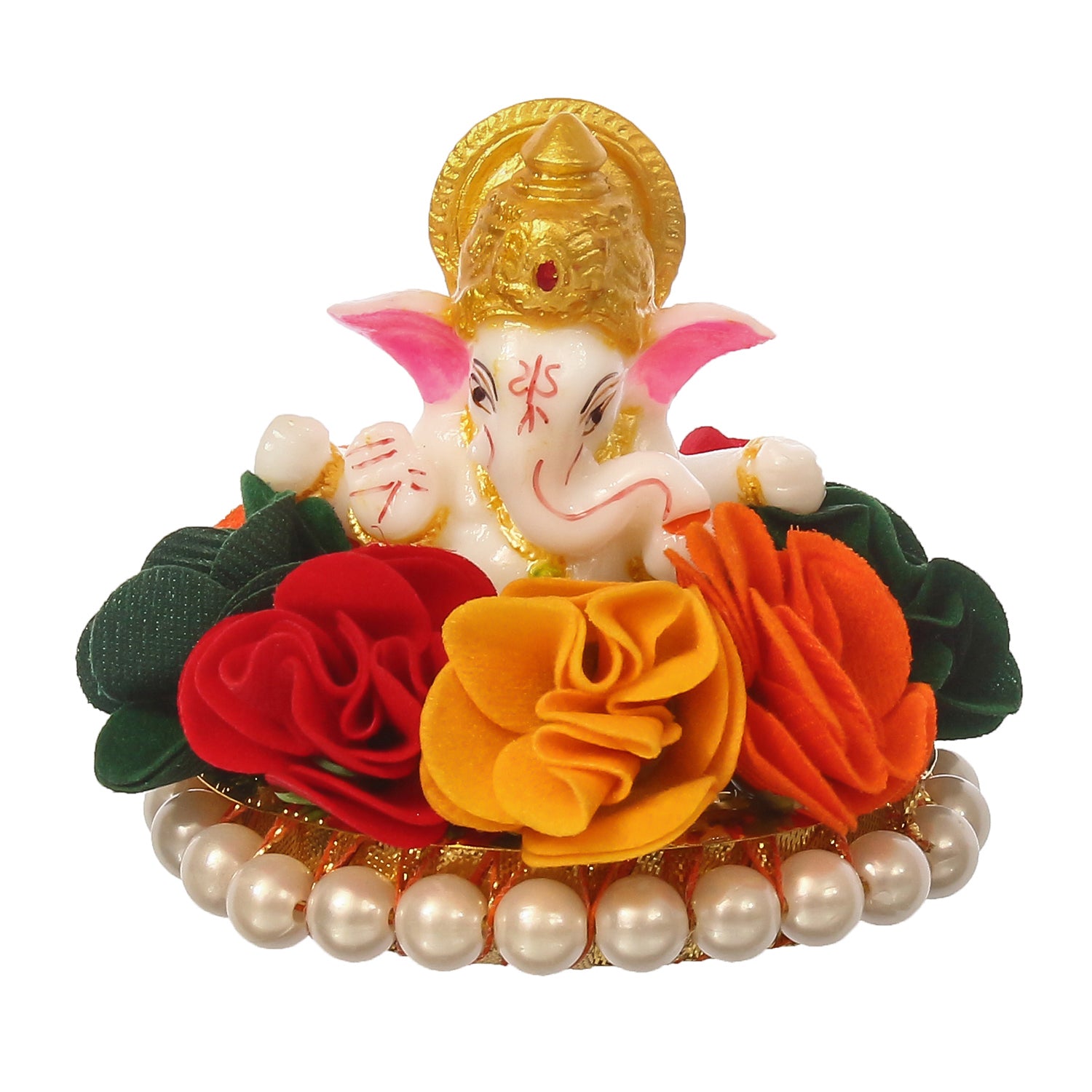 Lord Ganesha Idol on Decorative Handcrafted Plate with Colorful Flowers 2