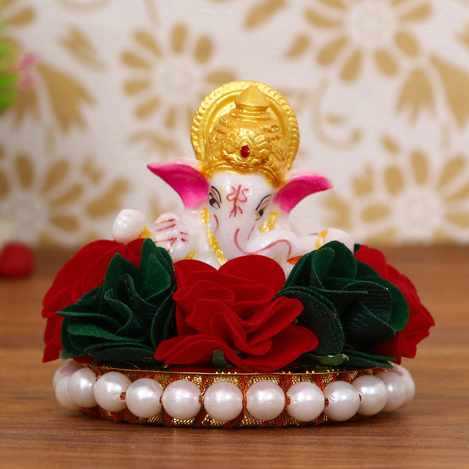 Lord Ganesha Idol on Decorative Handcrafted Plate with Colorful Flowers