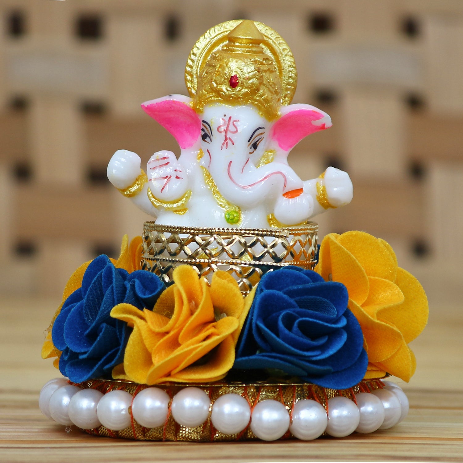 Lord Ganesha Idol on Decorative Handcrafted Plate with Yellow and Blue Flowers 1