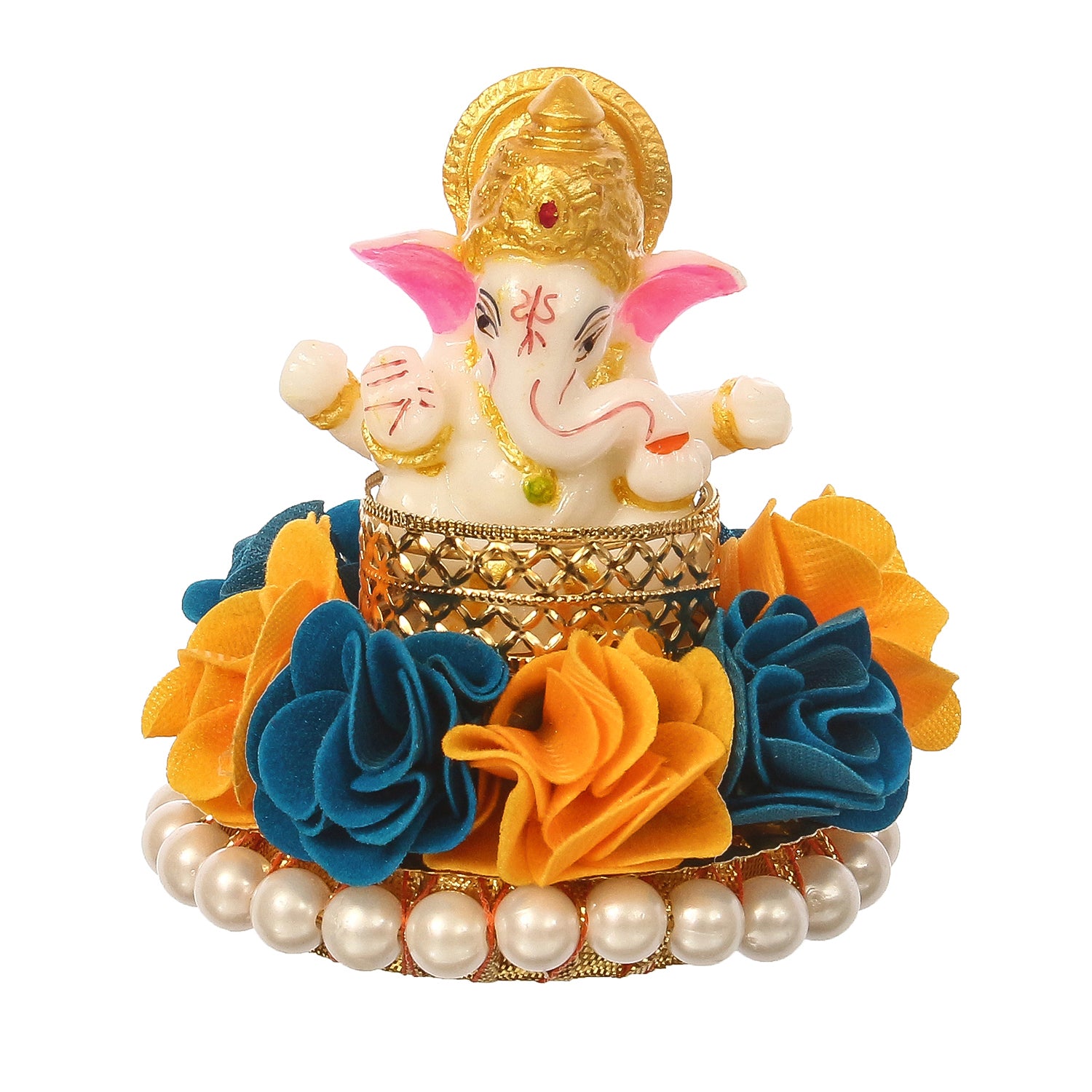 Lord Ganesha Idol on Decorative Handcrafted Plate with Yellow and Blue Flowers 2