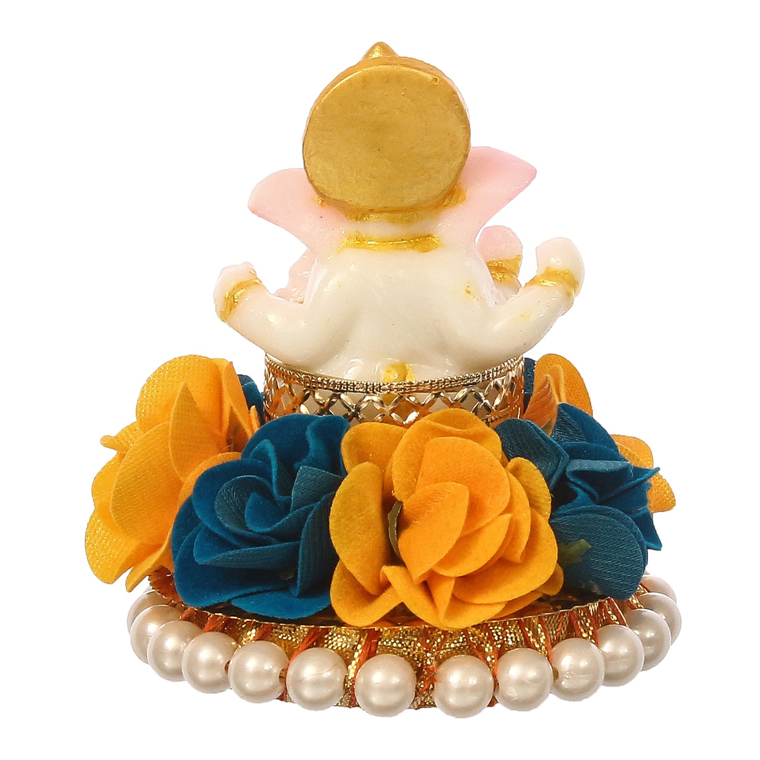 Lord Ganesha Idol on Decorative Handcrafted Plate with Yellow and Blue Flowers 5