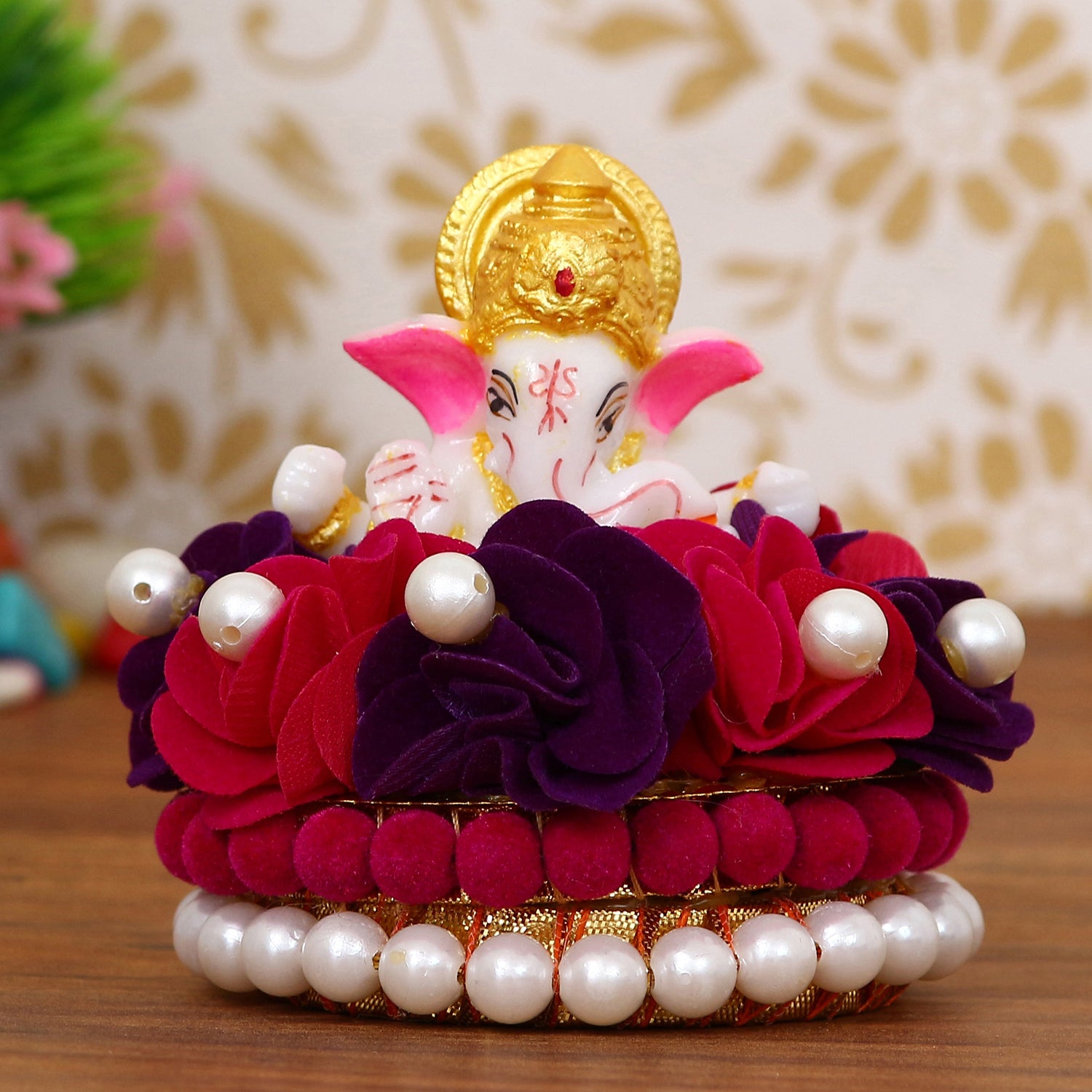 Lord Ganesha Idol On Decorative Handcrafted Red And Purple Flowers Plate