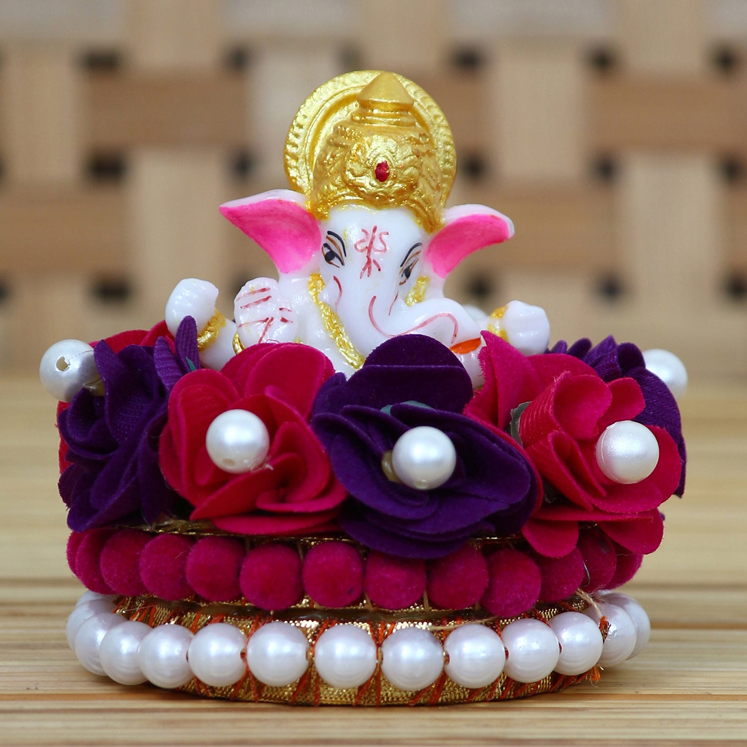 Lord Ganesha Idol On Decorative Handcrafted Red And Purple Flowers Plate 1
