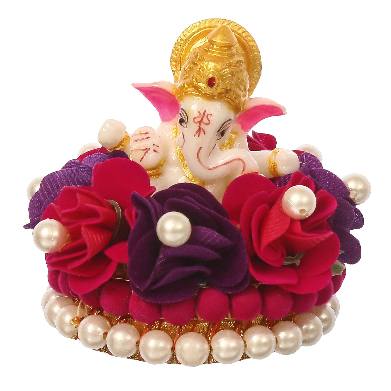 Lord Ganesha Idol On Decorative Handcrafted Red And Purple Flowers Plate 2