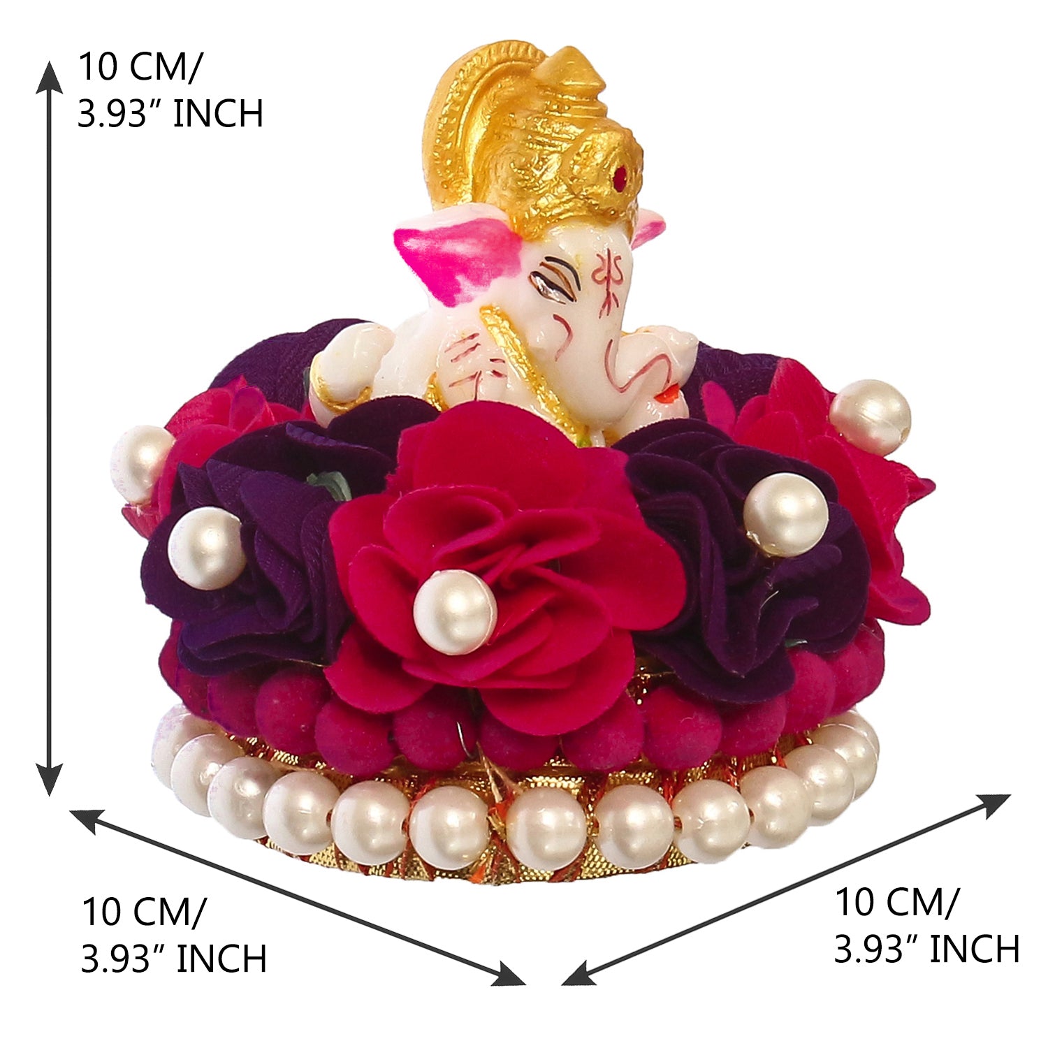 Lord Ganesha Idol On Decorative Handcrafted Red And Purple Flowers Plate 3