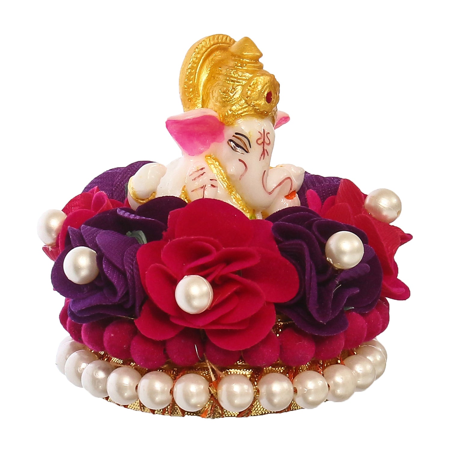Lord Ganesha Idol On Decorative Handcrafted Red And Purple Flowers Plate 4