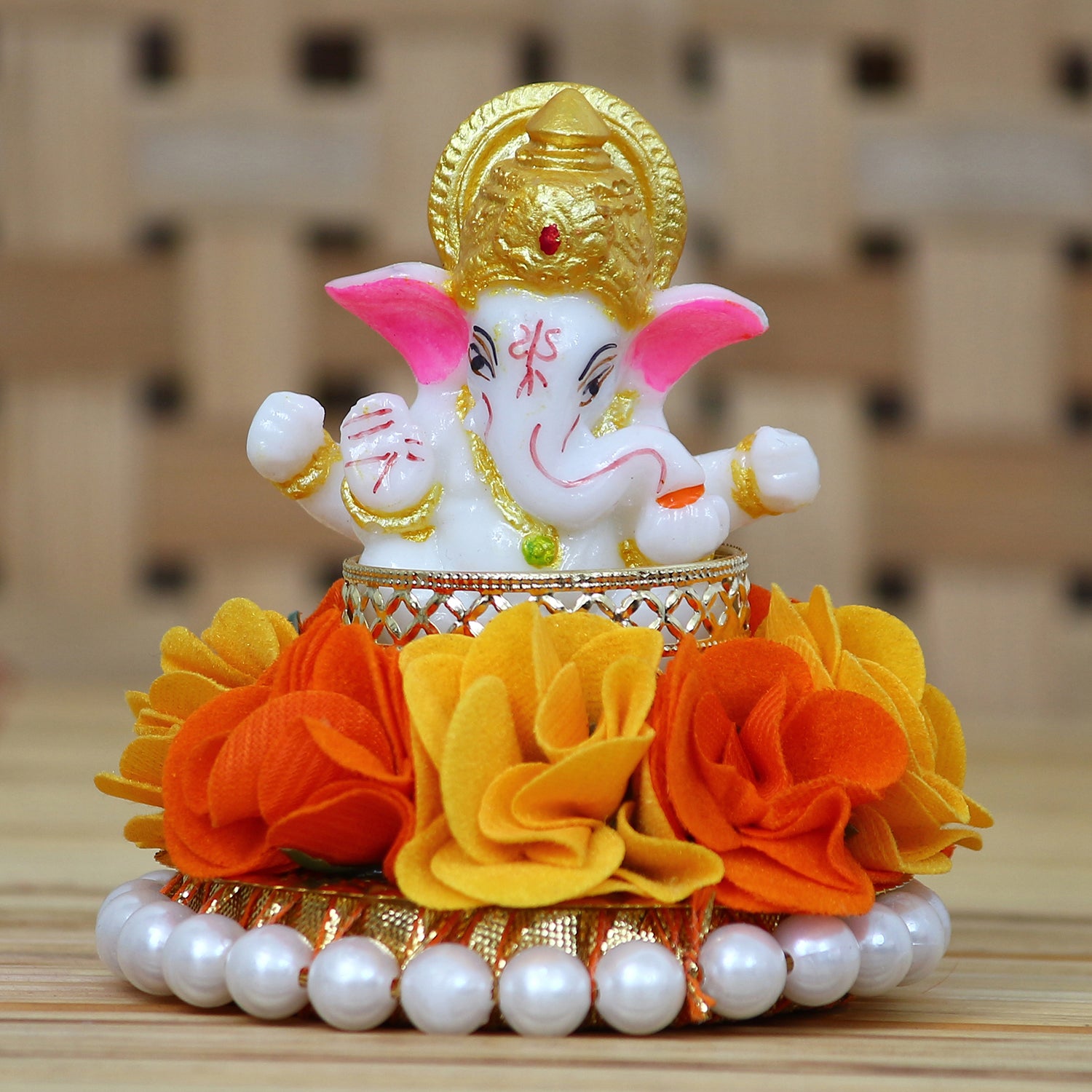 Lord Ganesha Idol On Decorative Handcrafted Orange And Yellow Flowers Plate 1