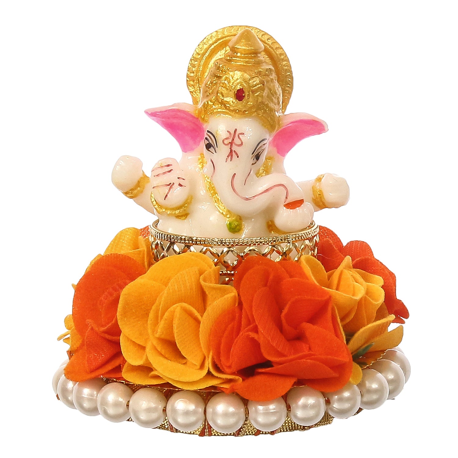 Lord Ganesha Idol On Decorative Handcrafted Orange And Yellow Flowers Plate 2
