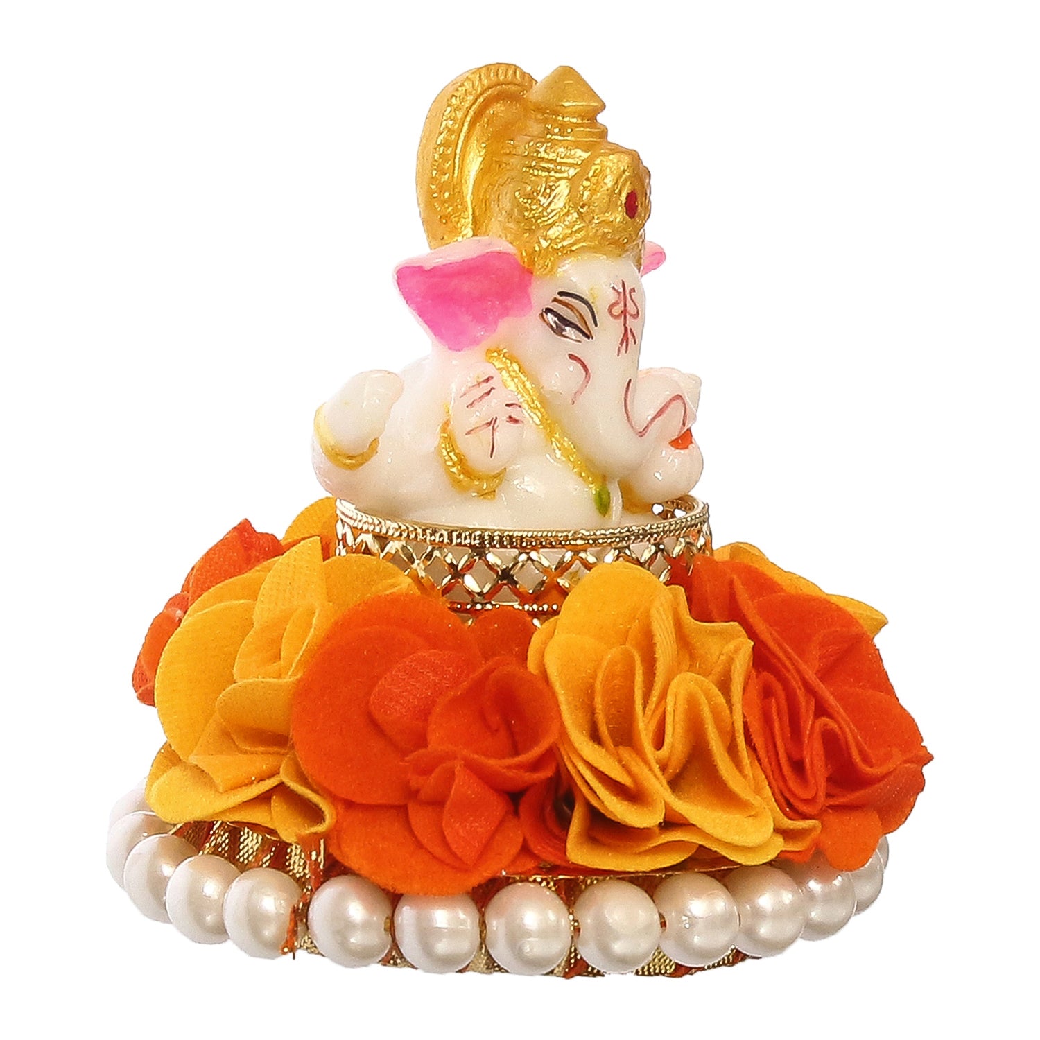 Lord Ganesha Idol On Decorative Handcrafted Orange And Yellow Flowers Plate 4