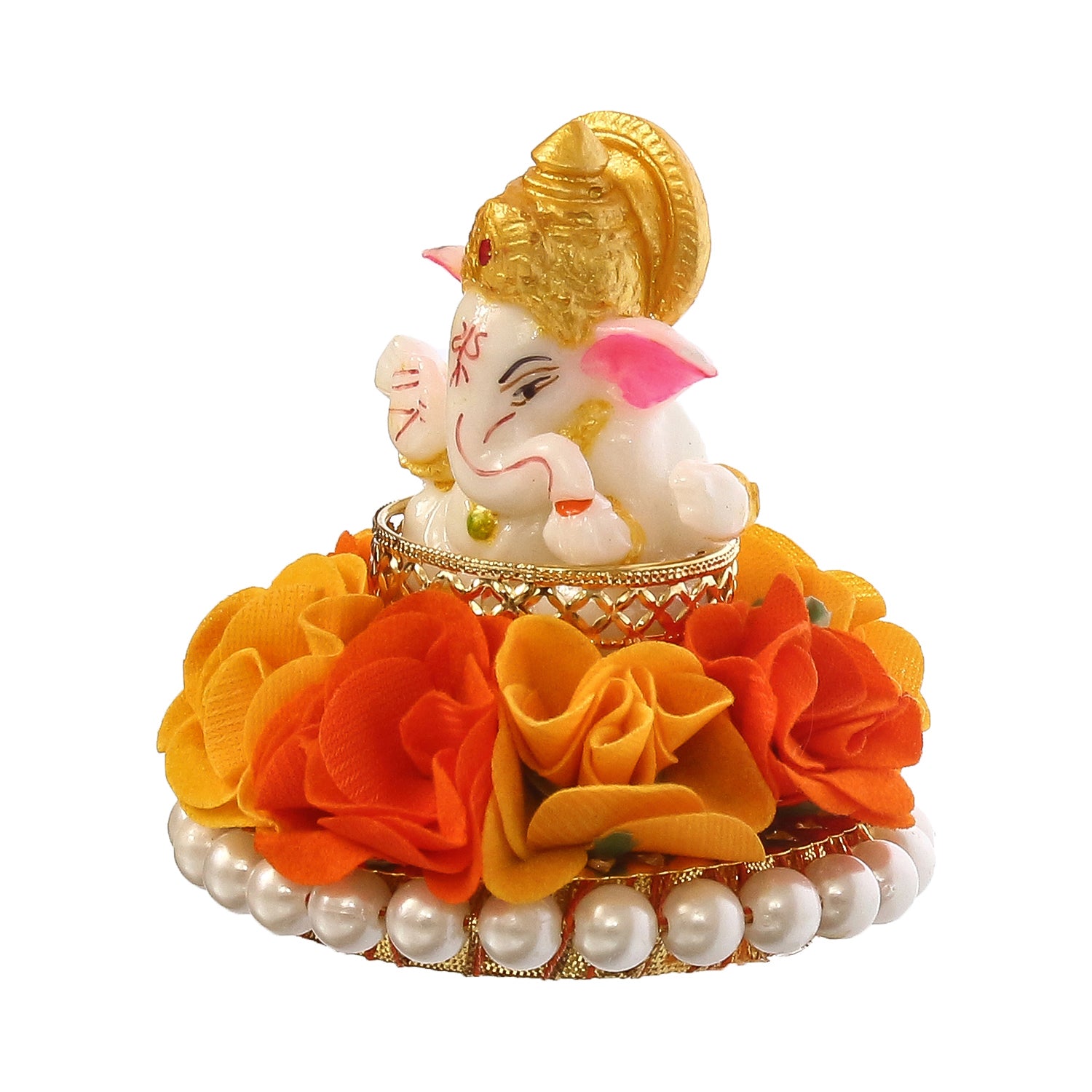 Lord Ganesha Idol On Decorative Handcrafted Orange And Yellow Flowers Plate 5