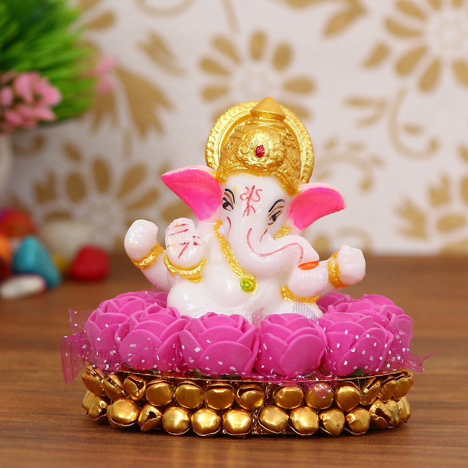 Polyresin Lord Ganesha Idol on Decorative Handcrafted Plate with Pink Flowers