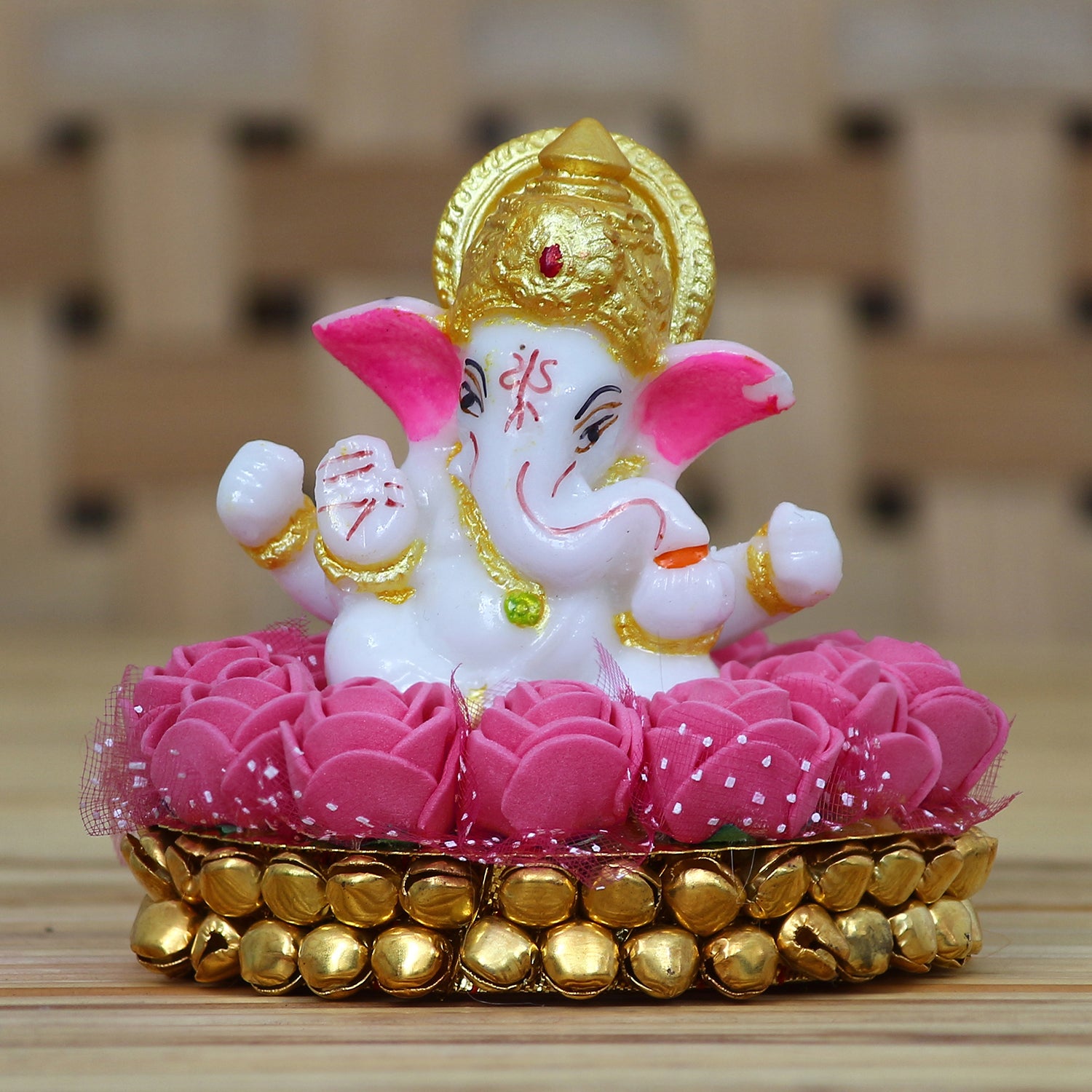 Polyresin Lord Ganesha Idol on Decorative Handcrafted Plate with Pink Flowers 1