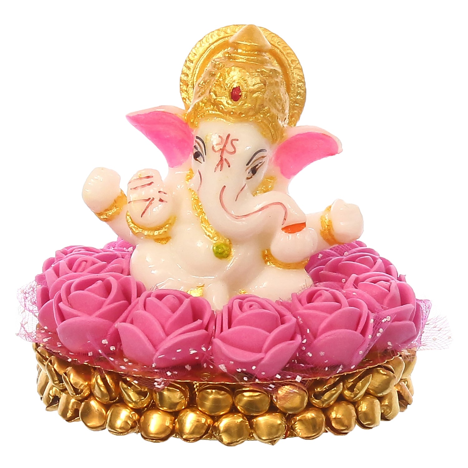 Polyresin Lord Ganesha Idol on Decorative Handcrafted Plate with Pink Flowers 2