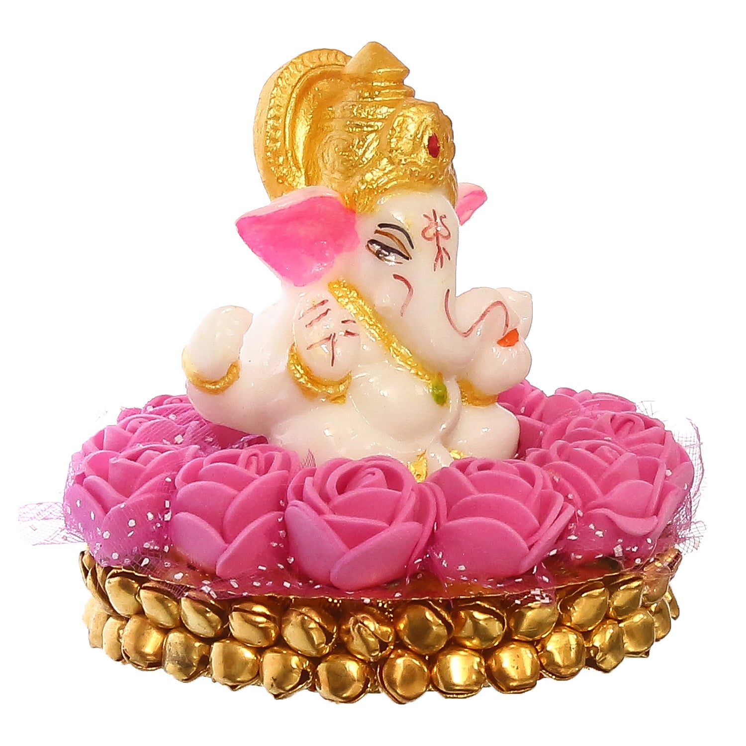 Polyresin Lord Ganesha Idol on Decorative Handcrafted Plate with Pink Flowers 4