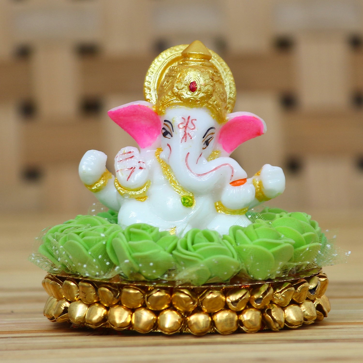 Lord Ganesha Idol on Decorative Handcrafted Plate with Green Flowers 1