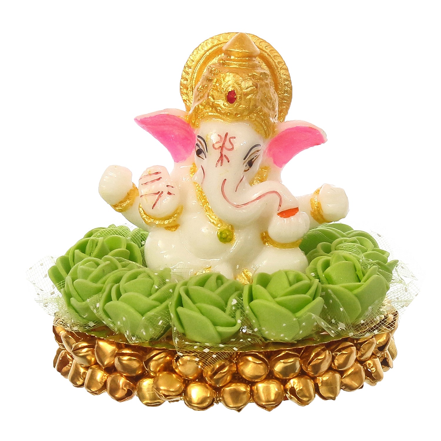 Lord Ganesha Idol on Decorative Handcrafted Plate with Green Flowers 2