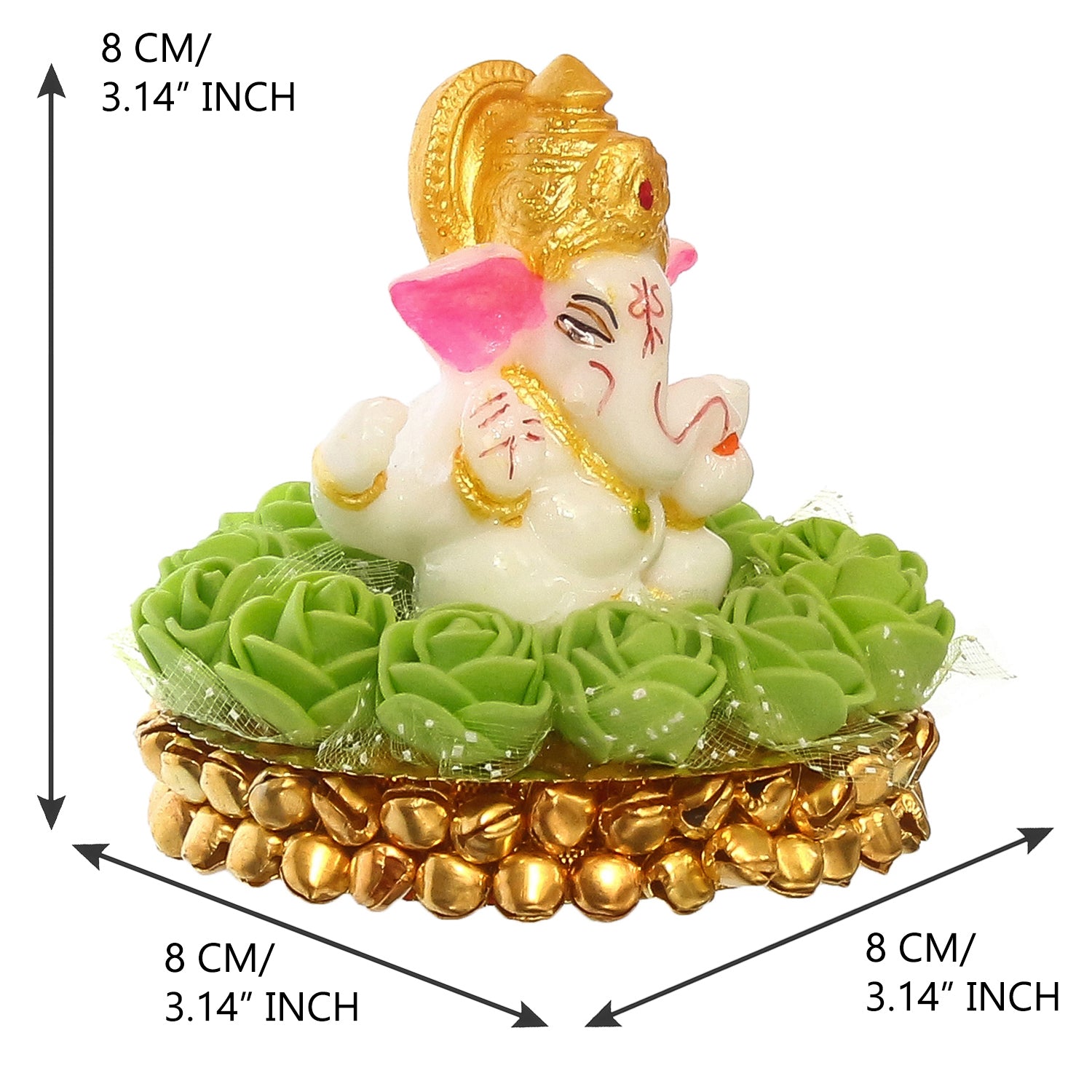 Lord Ganesha Idol on Decorative Handcrafted Plate with Green Flowers 3