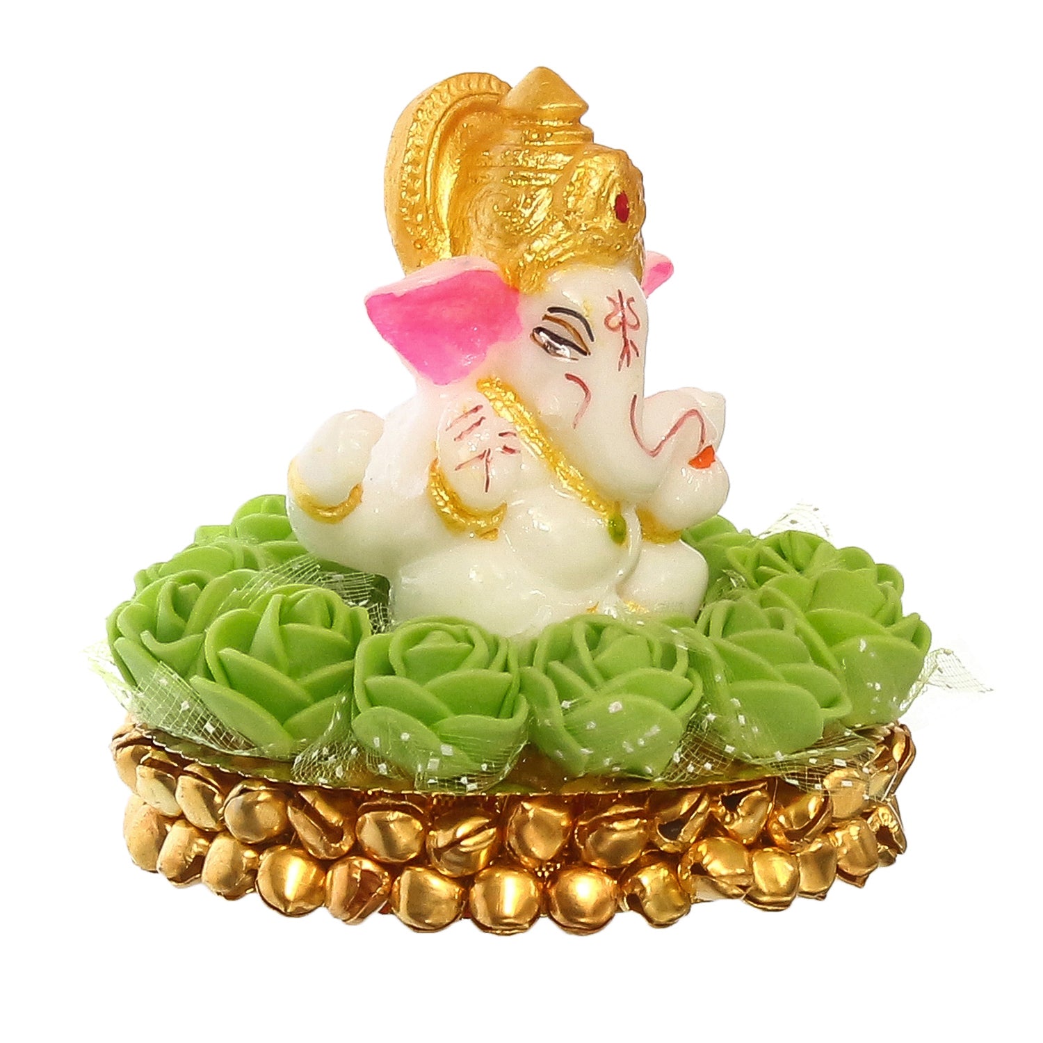 Lord Ganesha Idol on Decorative Handcrafted Plate with Green Flowers 4