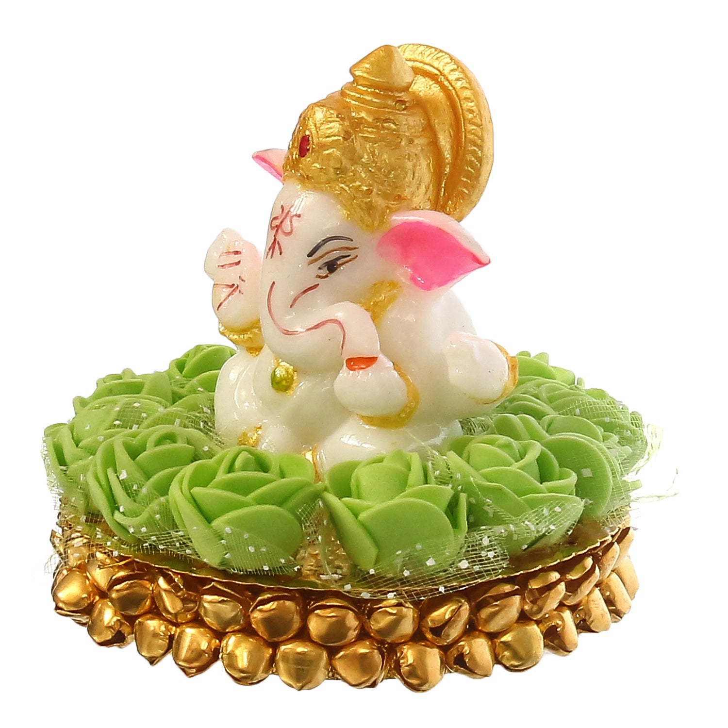 Lord Ganesha Idol on Decorative Handcrafted Plate with Green Flowers 5