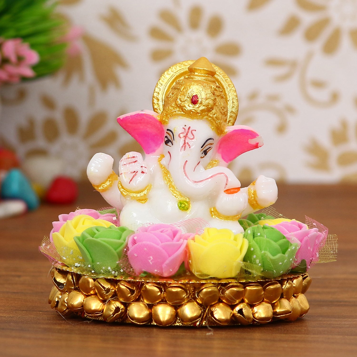 Polyresin Lord Ganesha Idol on Decorative Handcrafted Plate with Colorful Flowers