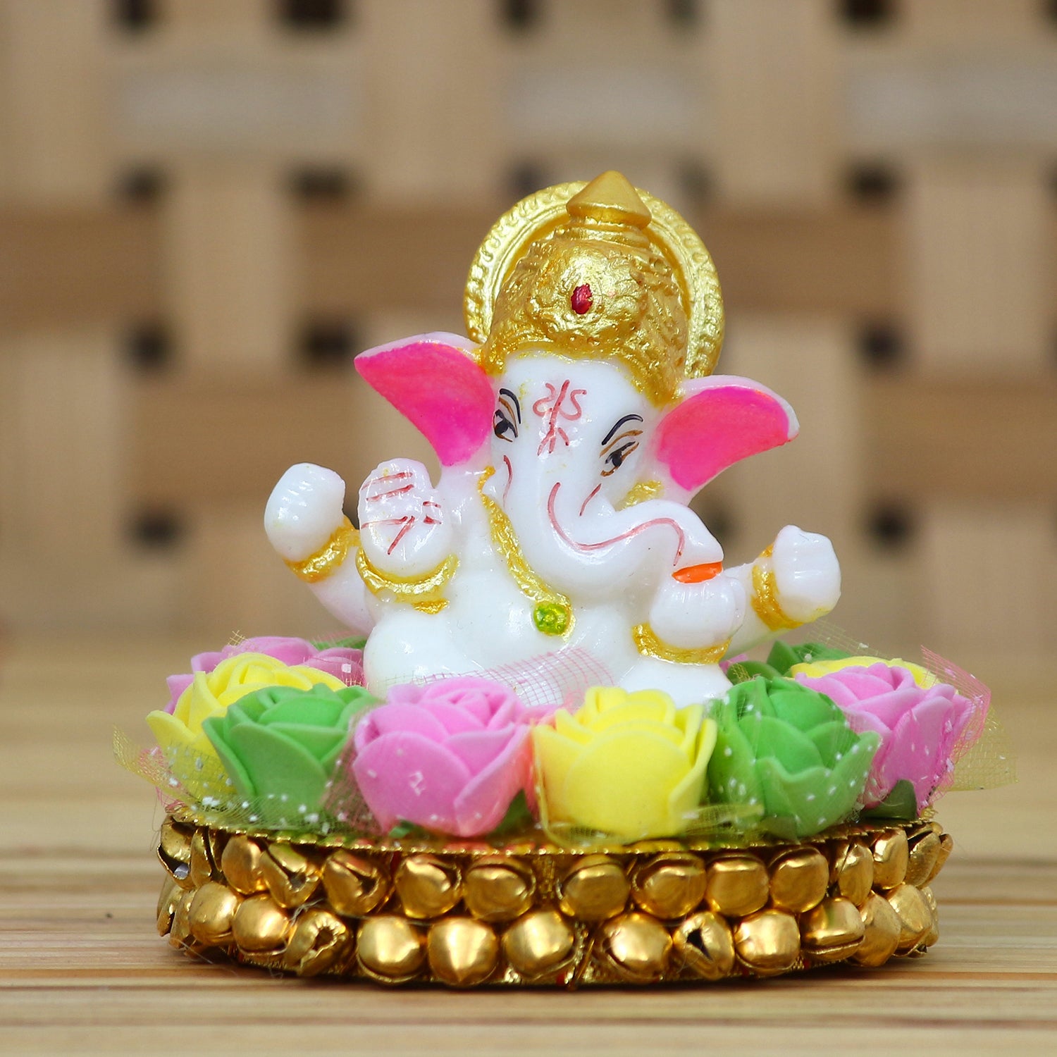 Polyresin Lord Ganesha Idol on Decorative Handcrafted Plate with Colorful Flowers 1