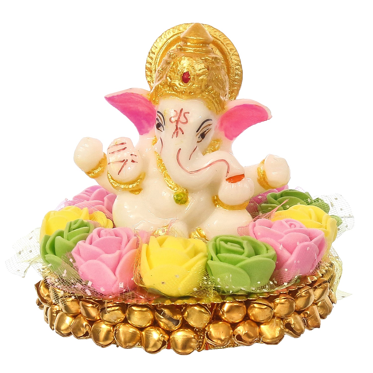 Polyresin Lord Ganesha Idol on Decorative Handcrafted Plate with Colorful Flowers 2