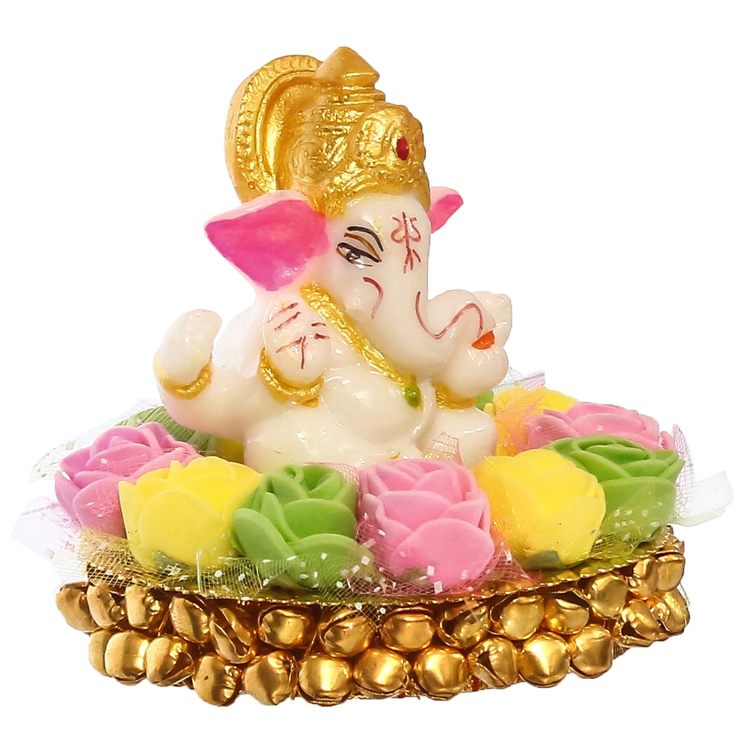 Polyresin Lord Ganesha Idol on Decorative Handcrafted Plate with Colorful Flowers 4