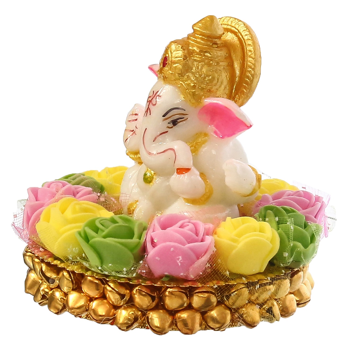 Polyresin Lord Ganesha Idol on Decorative Handcrafted Plate with Colorful Flowers 5
