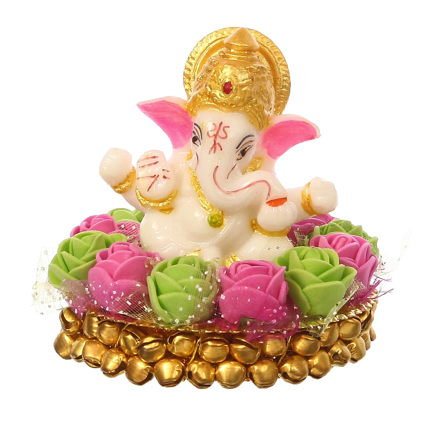 Golden and White Polyresin Lord Ganesha Idol on Decorative Pink and Green Flowers Plate 2