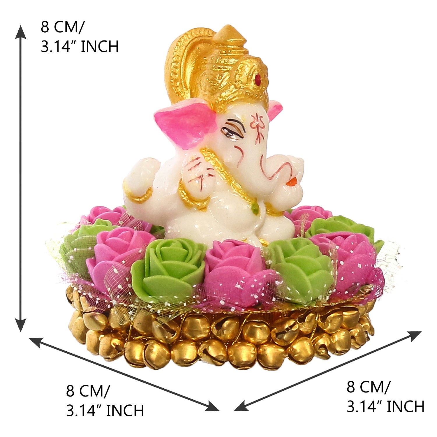 Golden and White Polyresin Lord Ganesha Idol on Decorative Pink and Green Flowers Plate 3