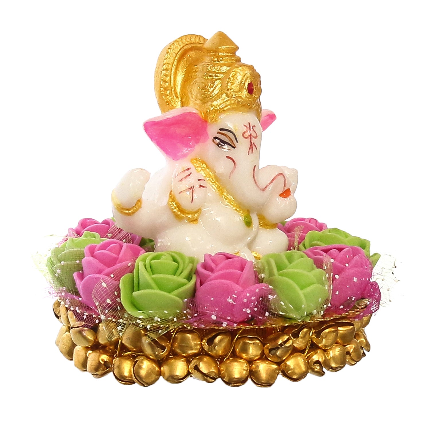 Golden and White Polyresin Lord Ganesha Idol on Decorative Pink and Green Flowers Plate 4