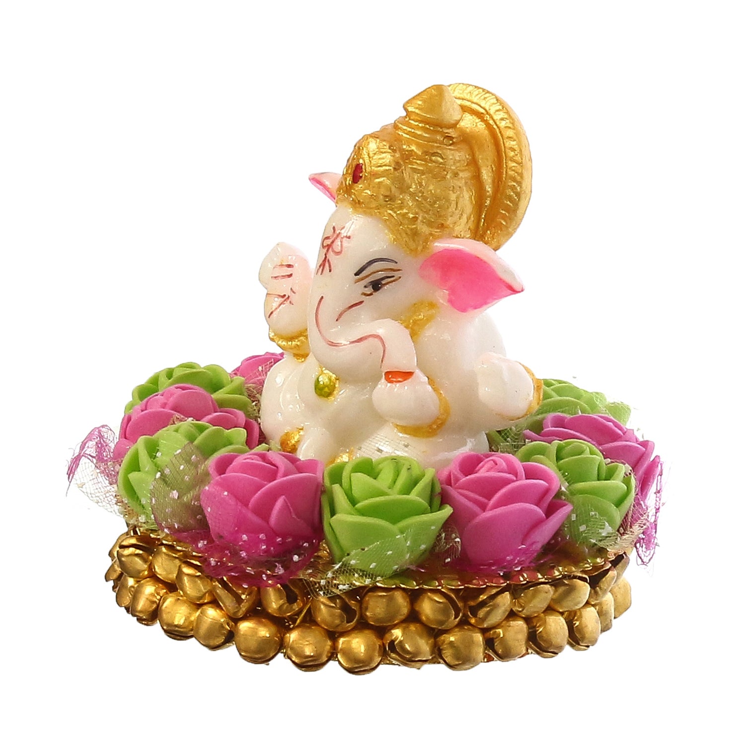 Golden and White Polyresin Lord Ganesha Idol on Decorative Pink and Green Flowers Plate 5