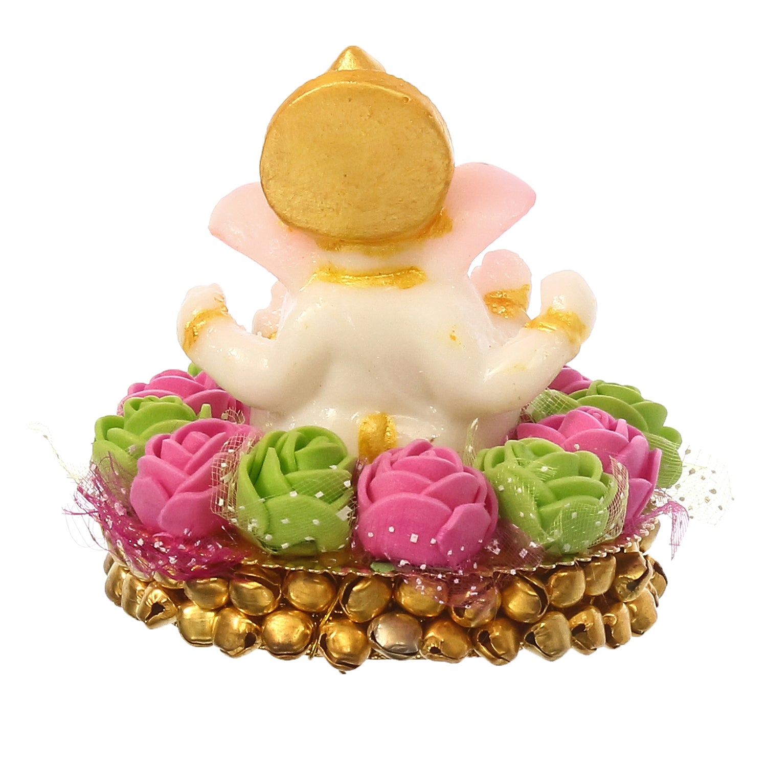 Golden and White Polyresin Lord Ganesha Idol on Decorative Pink and Green Flowers Plate 6