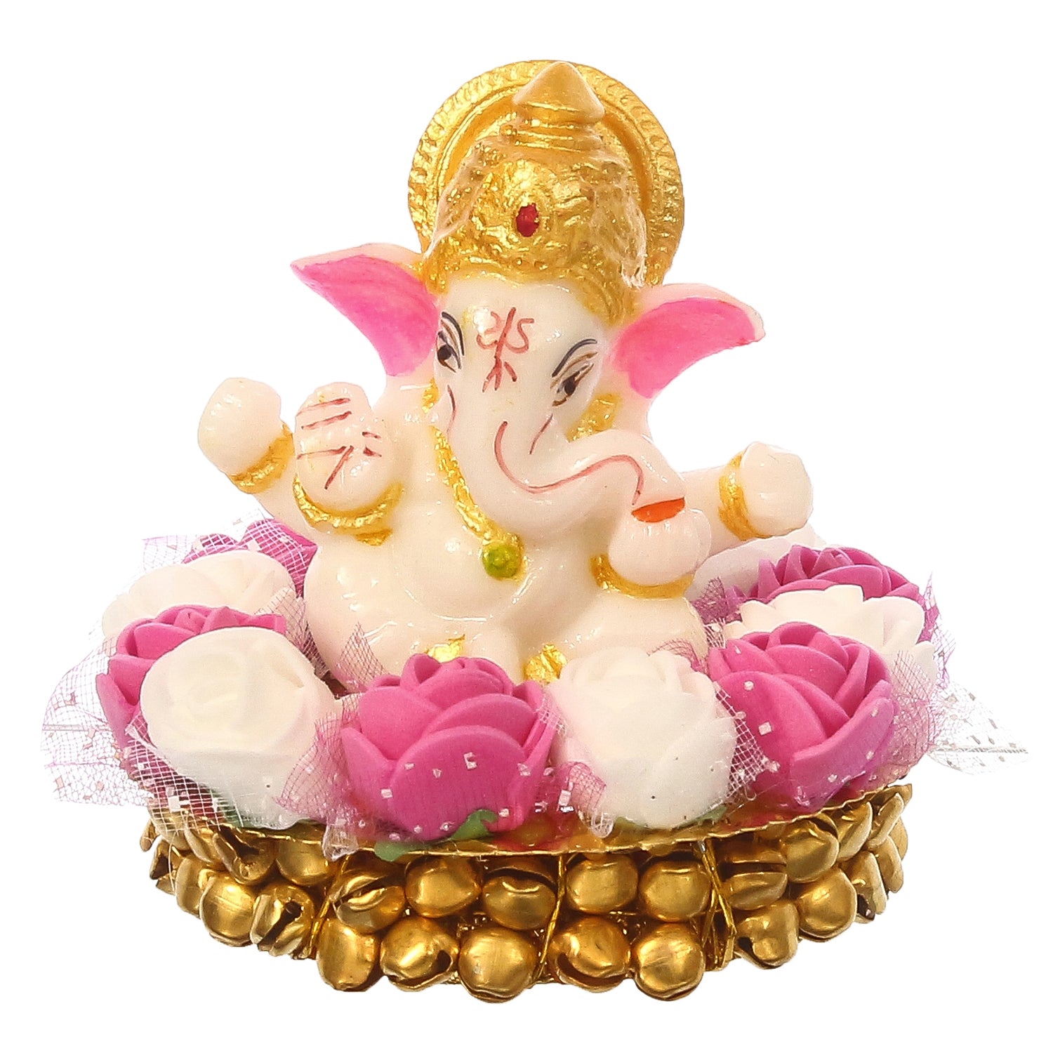 Golden and White Polyresin Lord Ganesha Idol on Decorative Handcrafted Plate with Pink and White Flowers 2