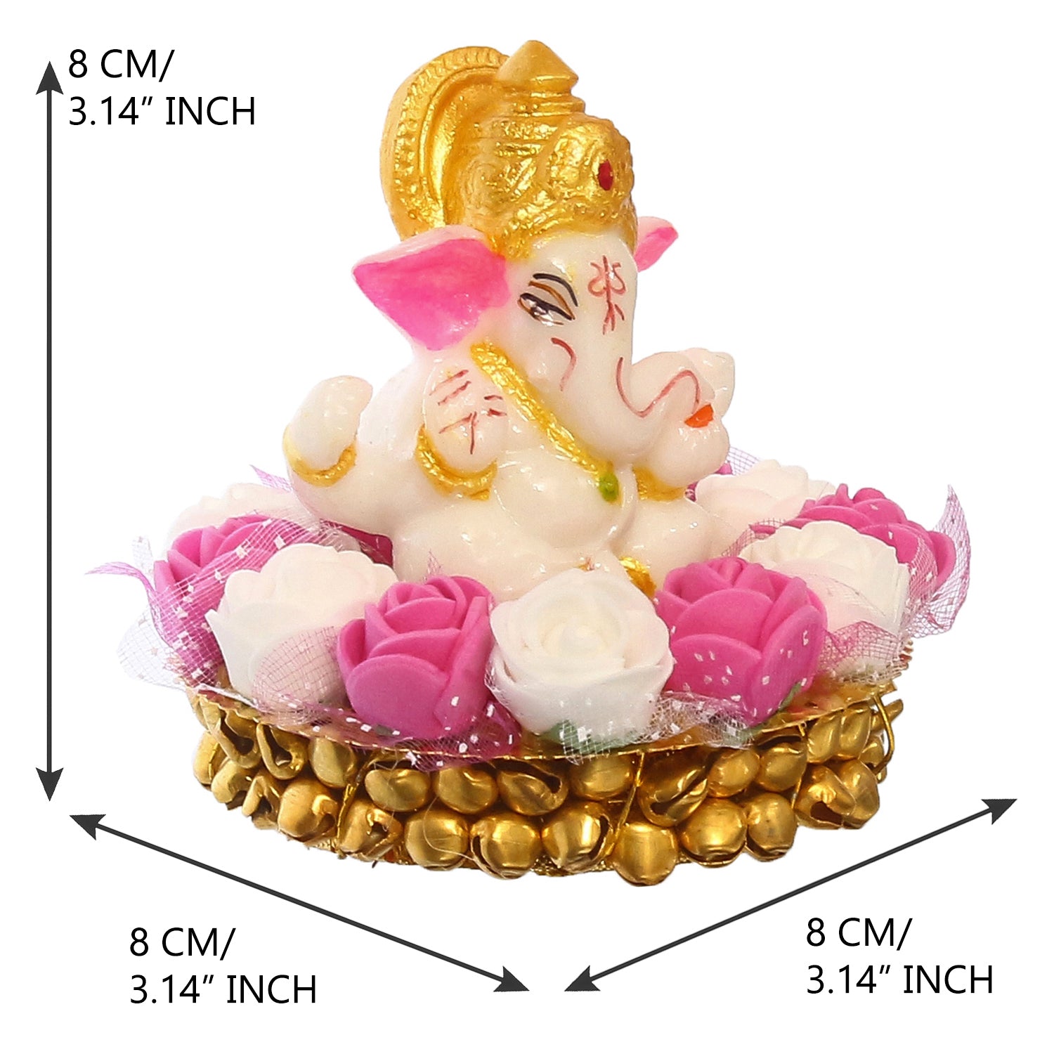 Golden and White Polyresin Lord Ganesha Idol on Decorative Handcrafted Plate with Pink and White Flowers 3