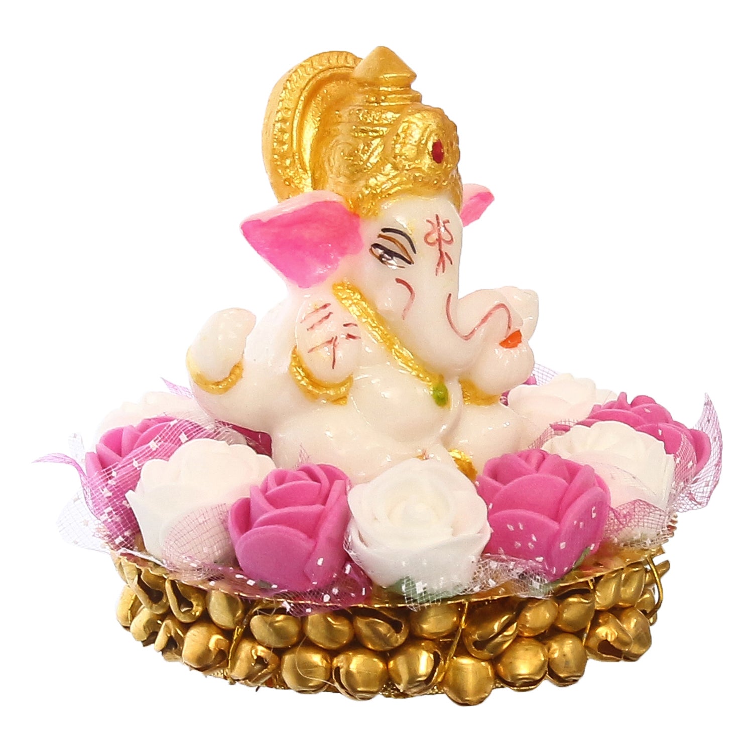 Golden and White Polyresin Lord Ganesha Idol on Decorative Handcrafted Plate with Pink and White Flowers 4