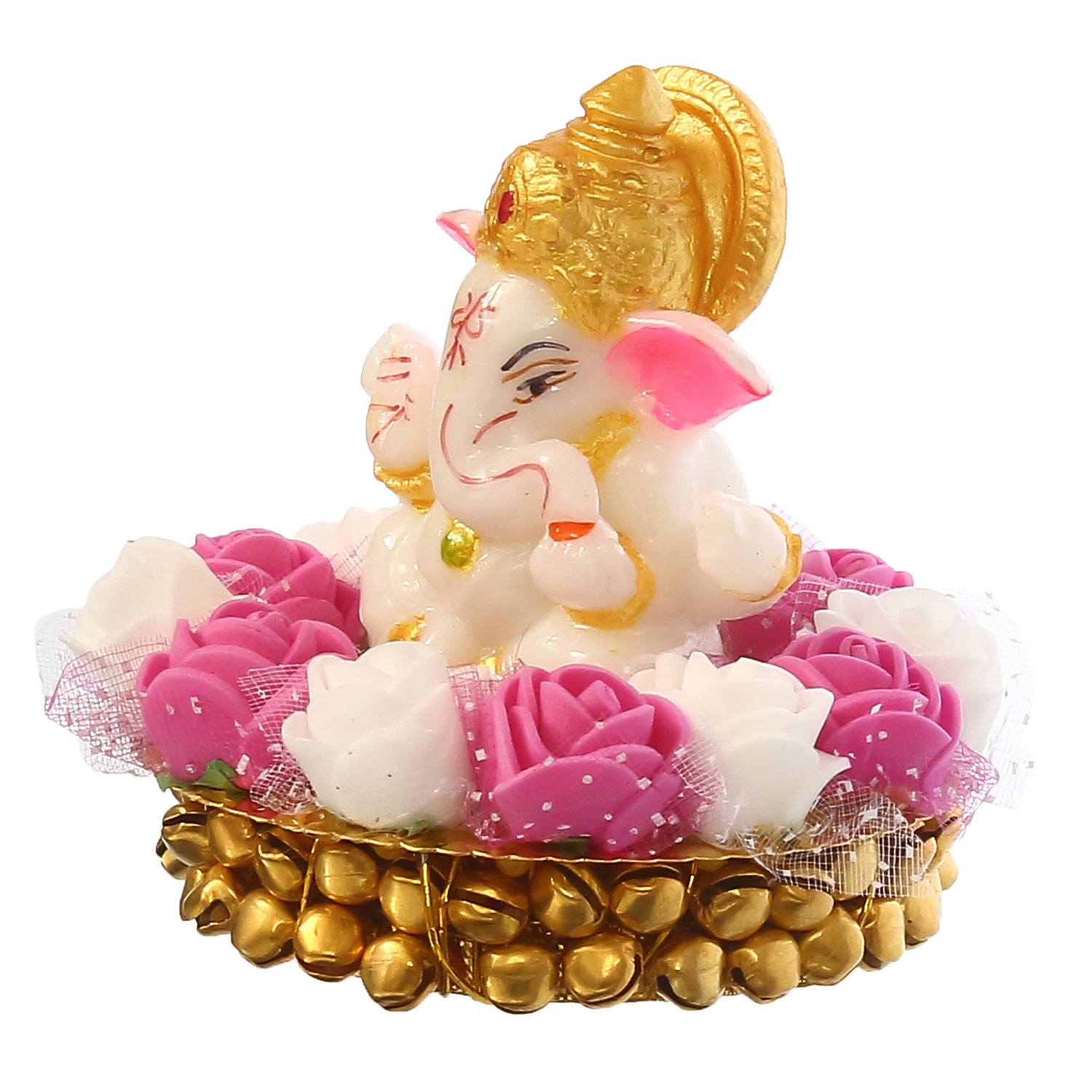 Golden and White Polyresin Lord Ganesha Idol on Decorative Handcrafted Plate with Pink and White Flowers 5