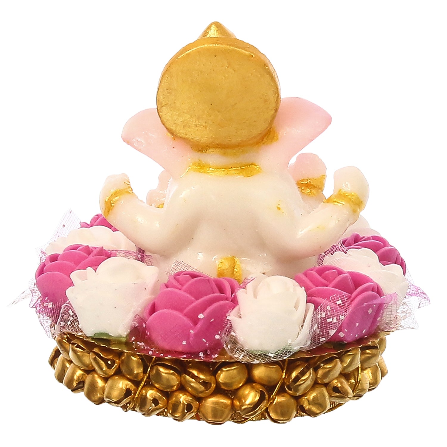Golden and White Polyresin Lord Ganesha Idol on Decorative Handcrafted Plate with Pink and White Flowers 6