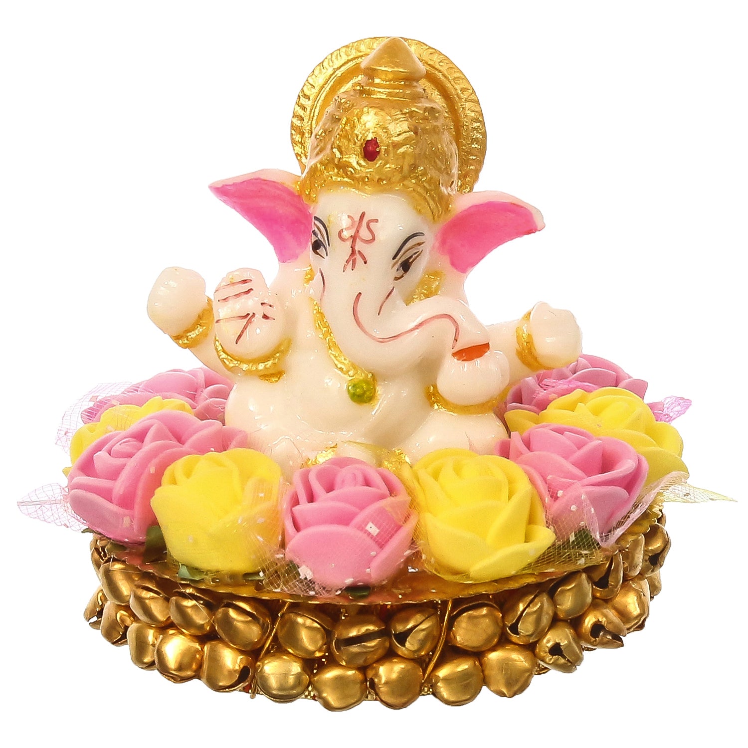 Golden and White Polyresin Lord Ganesha Idol on Decorative Handcrafted Plate with Pink and Yellow Flowers 2