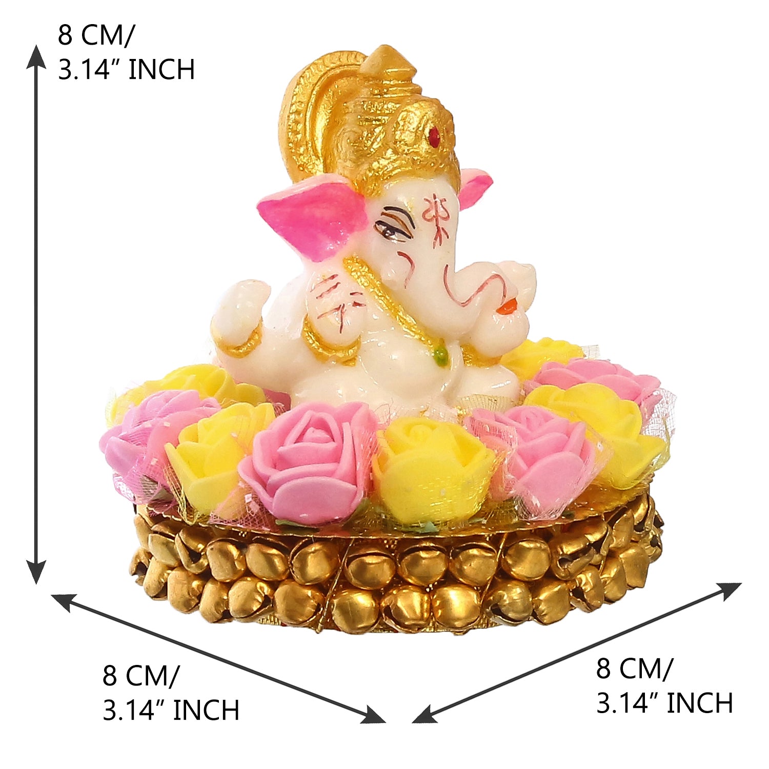 Golden and White Polyresin Lord Ganesha Idol on Decorative Handcrafted Plate with Pink and Yellow Flowers 3