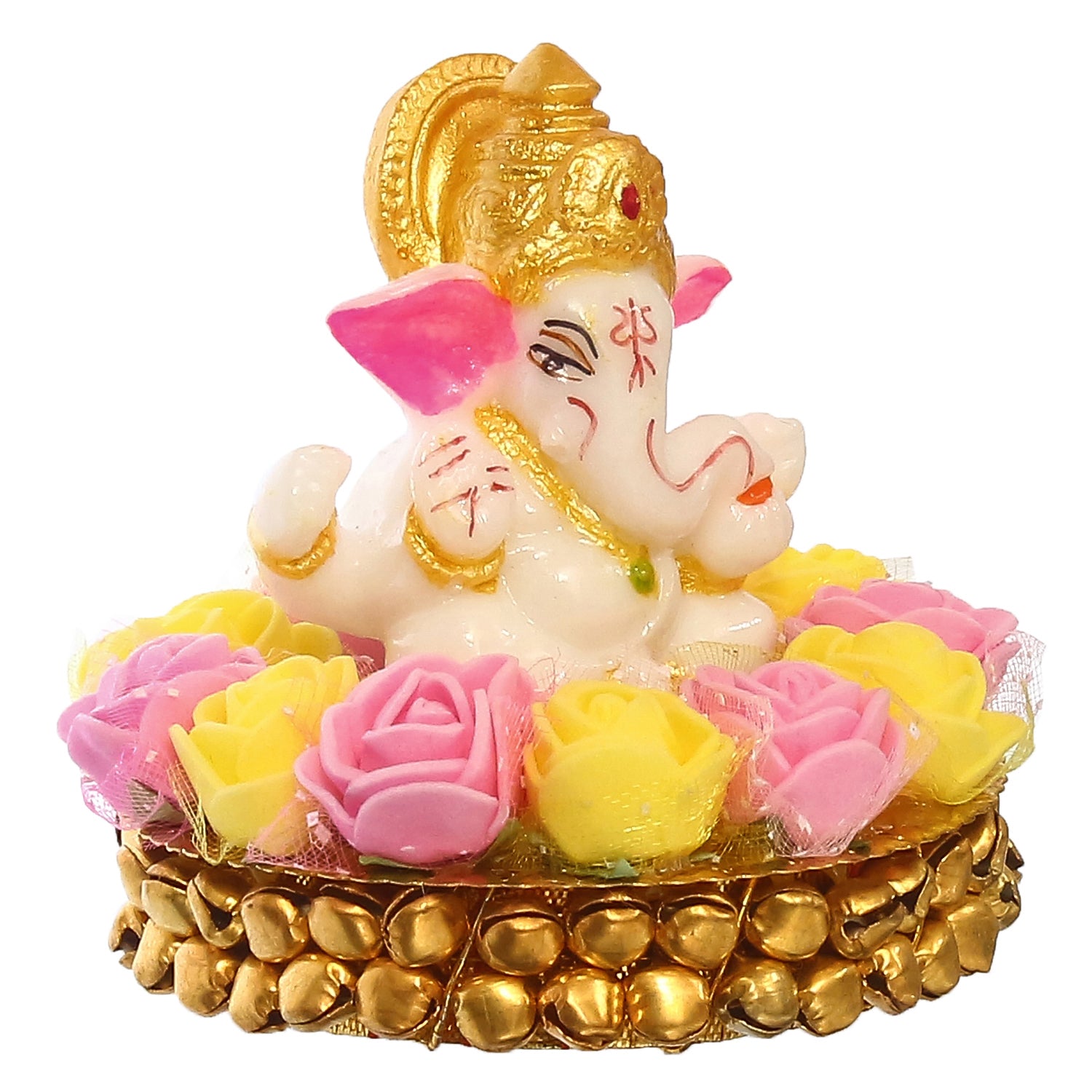 Golden and White Polyresin Lord Ganesha Idol on Decorative Handcrafted Plate with Pink and Yellow Flowers 4