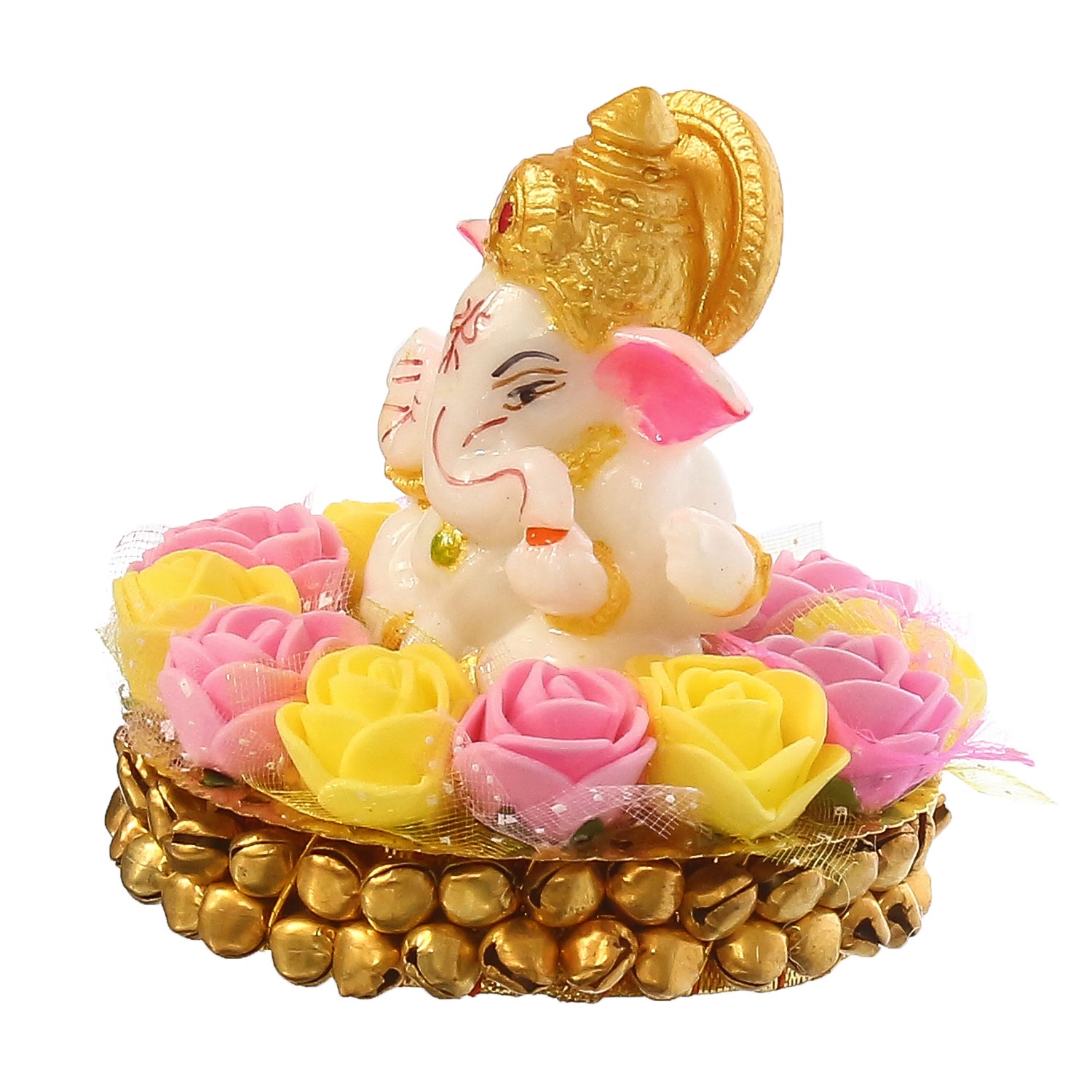 Golden and White Polyresin Lord Ganesha Idol on Decorative Handcrafted Plate with Pink and Yellow Flowers 5