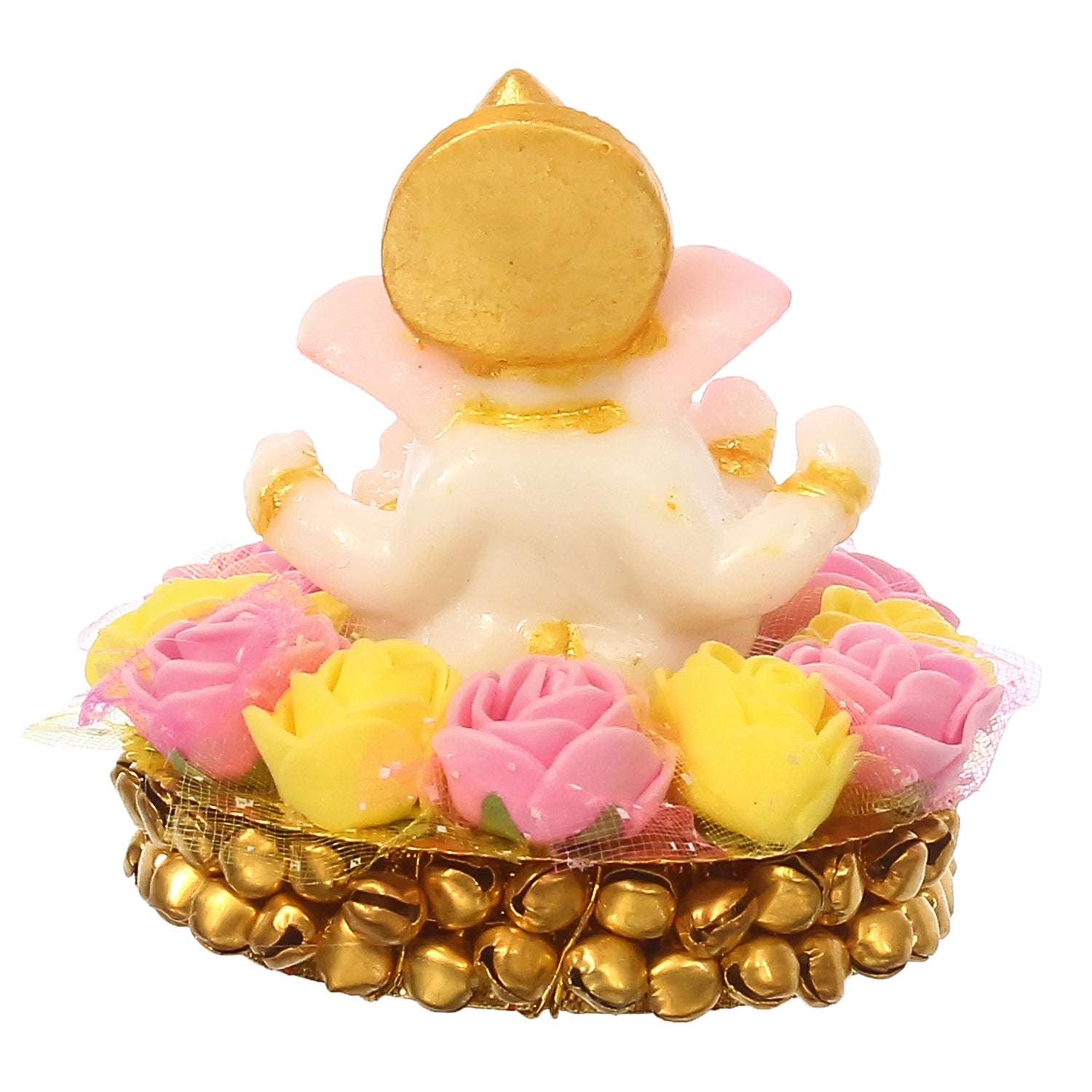 Golden and White Polyresin Lord Ganesha Idol on Decorative Handcrafted Plate with Pink and Yellow Flowers 6